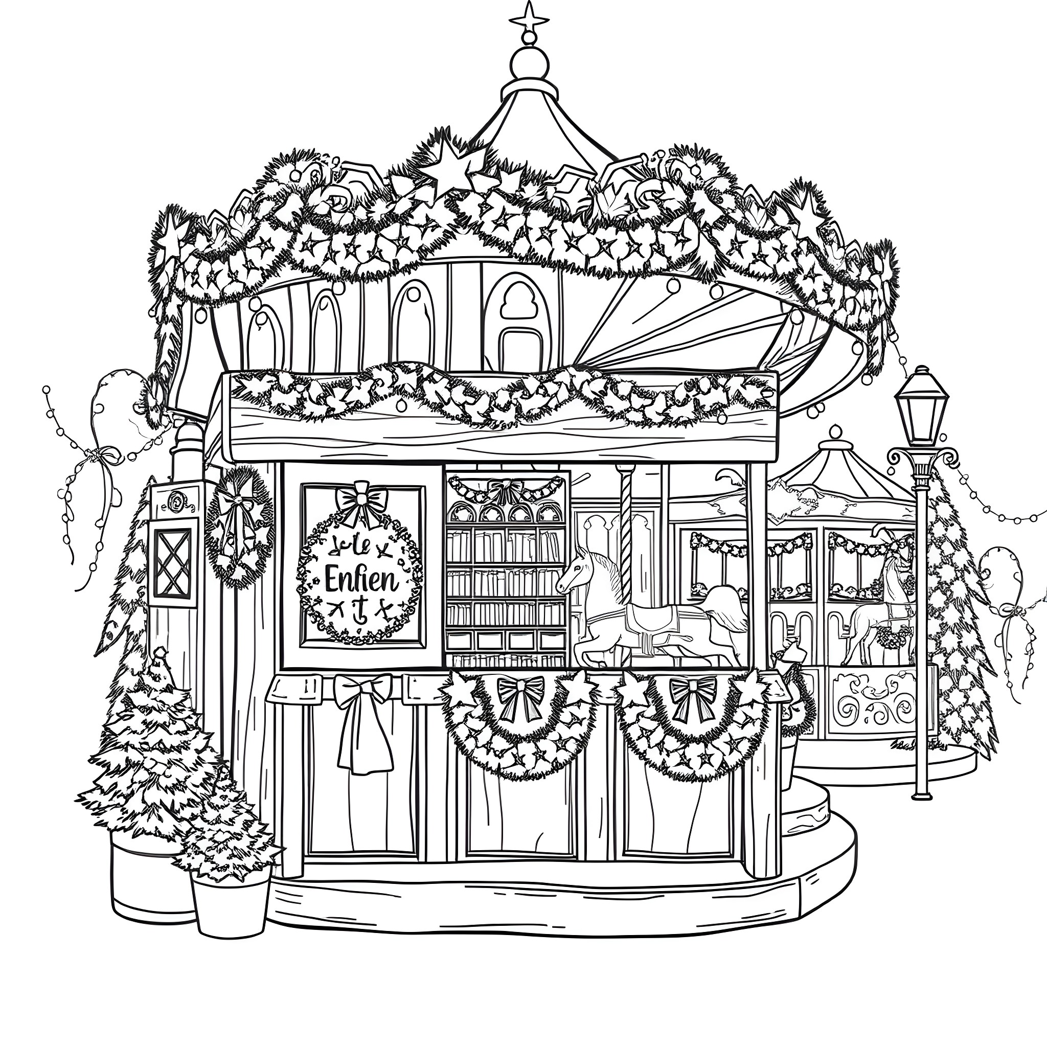 Christmas Market with Decorated Stalls and Shops Coloring Page (free black-and-white line drawing printable PDF for all, from beginners to advanced learners, including children, teens, adults, and seniors)