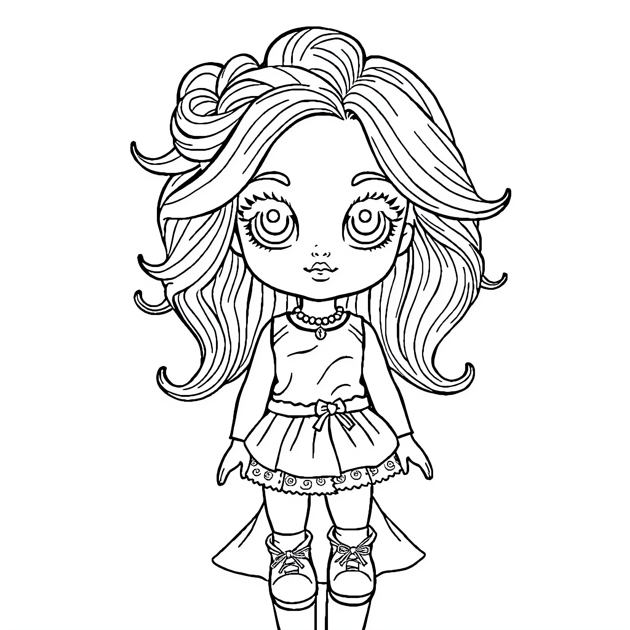 Doll with Expressive Features and Elaborate Outfit Coloring Page (free black-and-white line drawing printable PDF for all, from beginners to advanced learners, including children, teens, adults, and seniors)