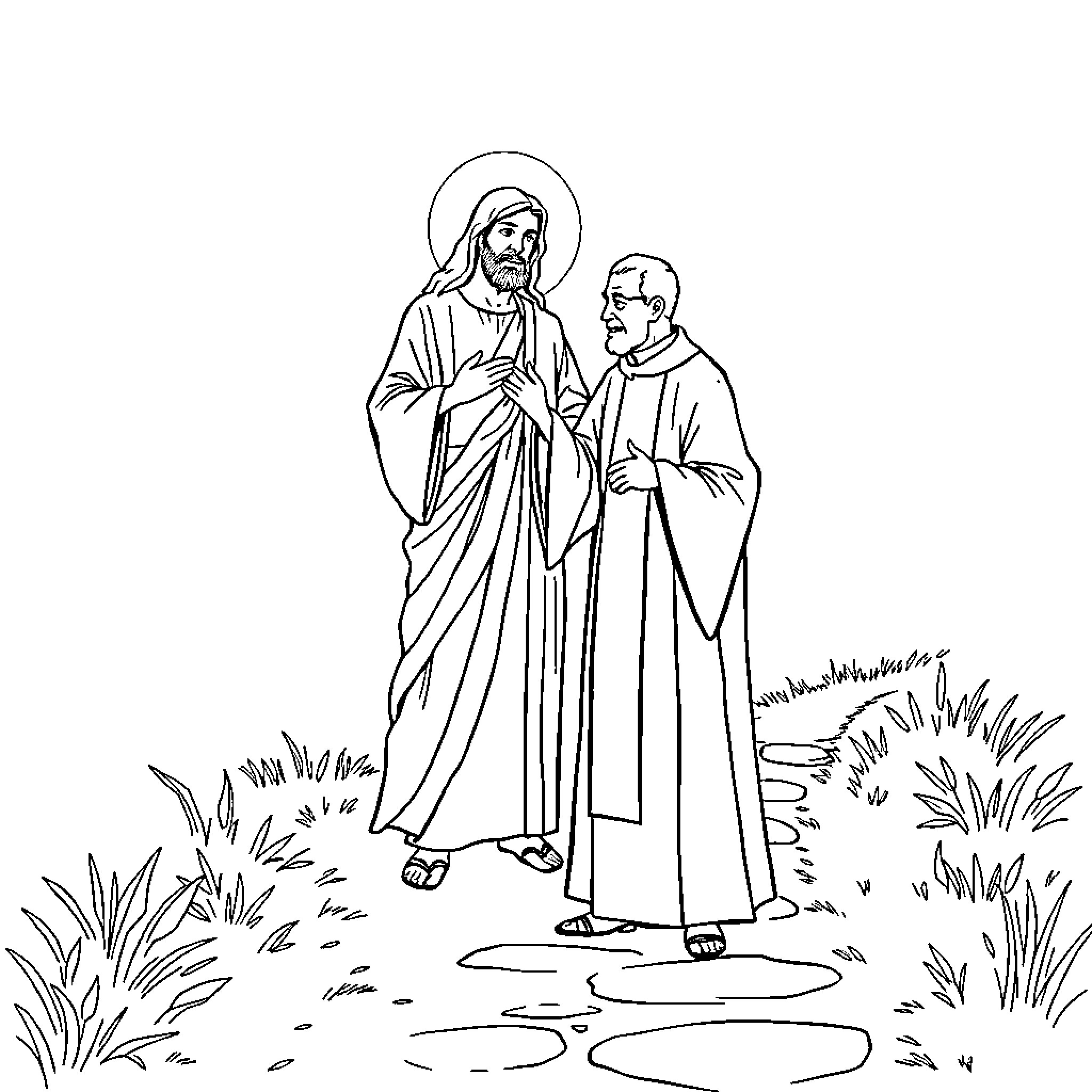 Jesus speaking with a monk in a natural setting Coloring Page (free black-and-white line drawing printable PDF for all, from beginners to advanced learners, including children, teens, adults, and seniors)