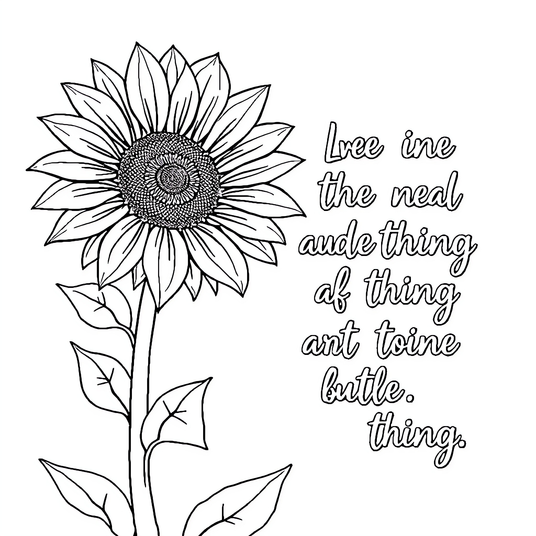 Sunflower with inspirational quote Coloring Page (free black-and-white line drawing printable PDF for all, from beginners to advanced learners, including children, teens, adults, and seniors)
