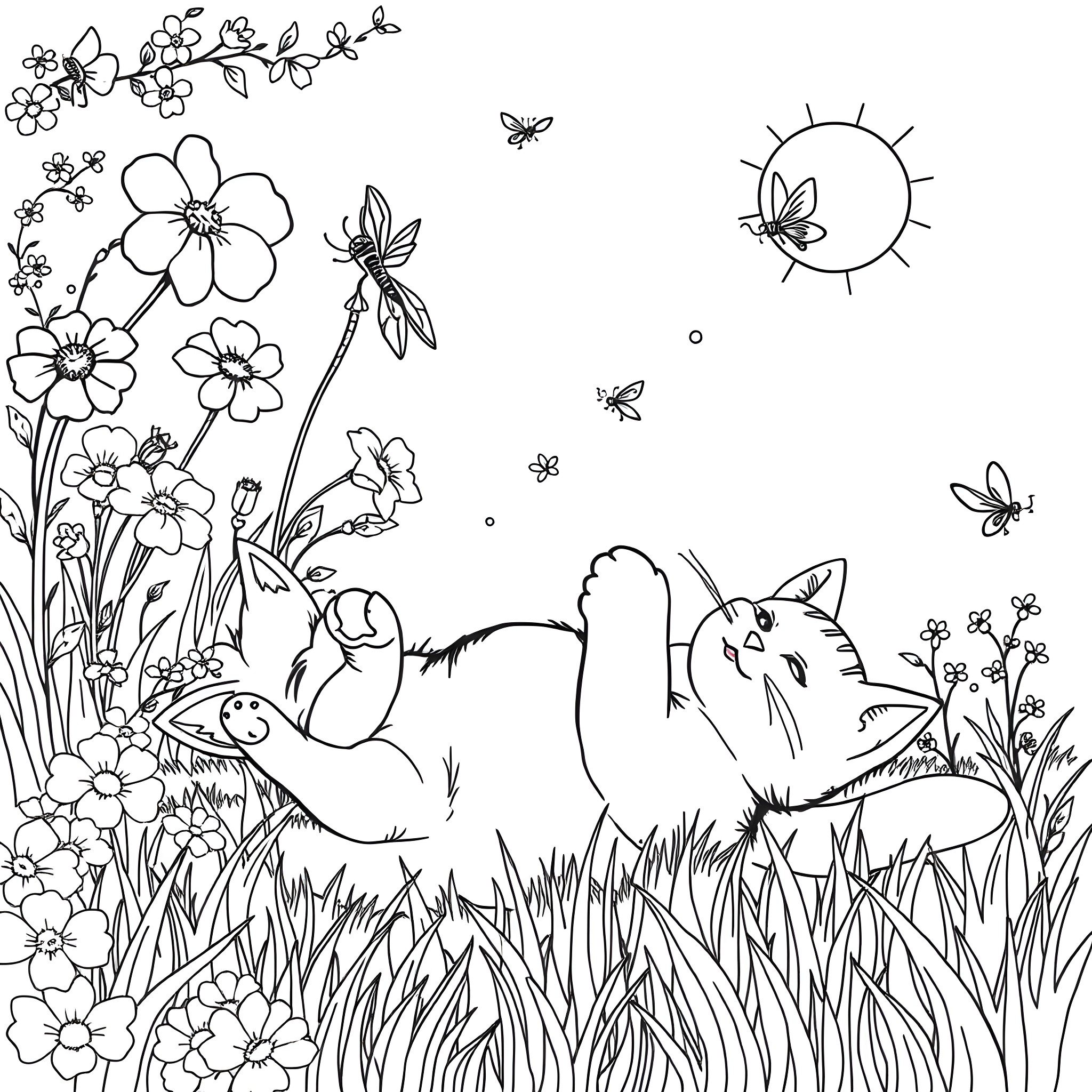 Cat exploring a flower-filled field with butterflies Coloring Page (free black-and-white line drawing printable PDF for all, from beginners to advanced learners, including children, teens, adults, and seniors)