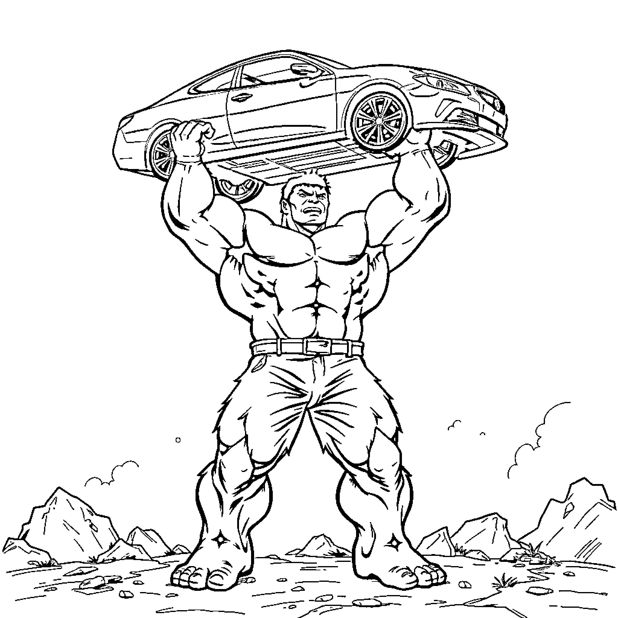 Hulk Lifting a Powerful Car Amidst Rugged Terrain Coloring Page (free black-and-white line drawing printable PDF for all, from beginners to advanced learners, including children, teens, adults, and seniors)