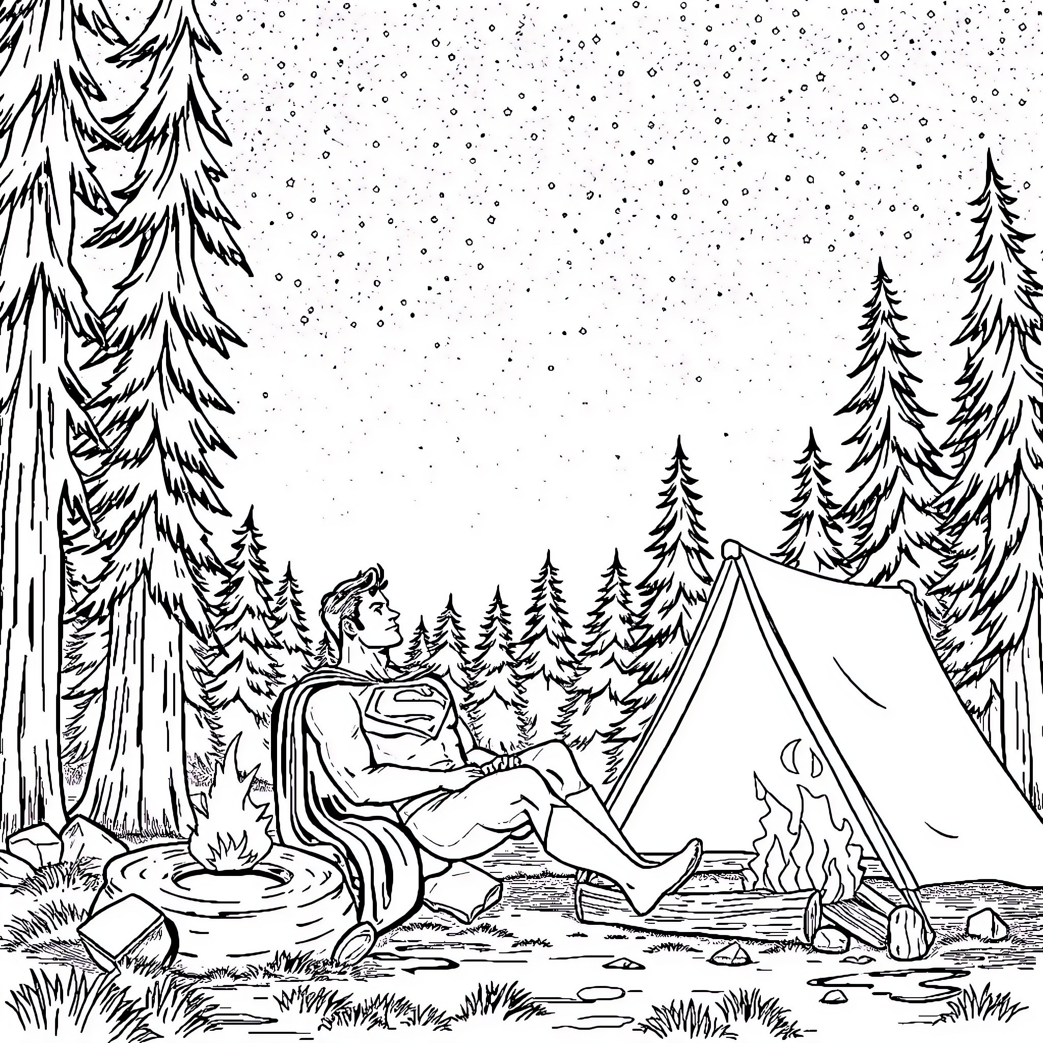 Superman camping in the snowy forest Coloring Page (free black-and-white line drawing printable PDF for all, from beginners to advanced learners, including children, teens, adults, and seniors)