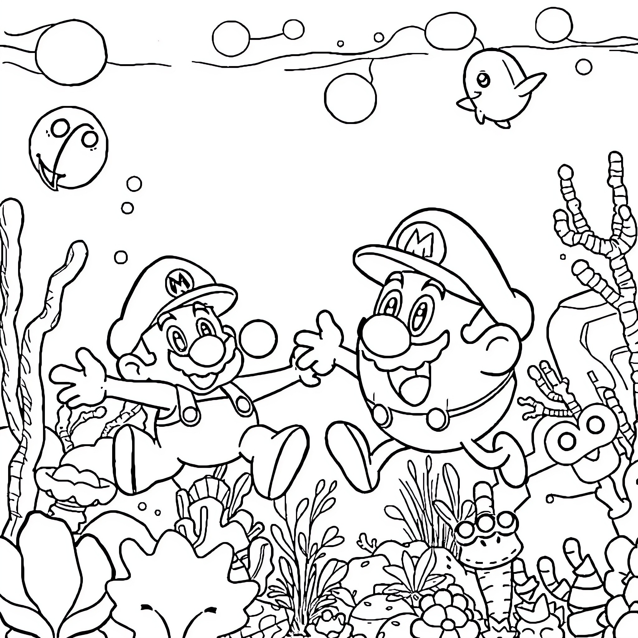Bob esponja and friends explore the underwater world Coloring Page (free black-and-white line drawing printable PDF for all, from beginners to advanced learners, including children, teens, adults, and seniors)