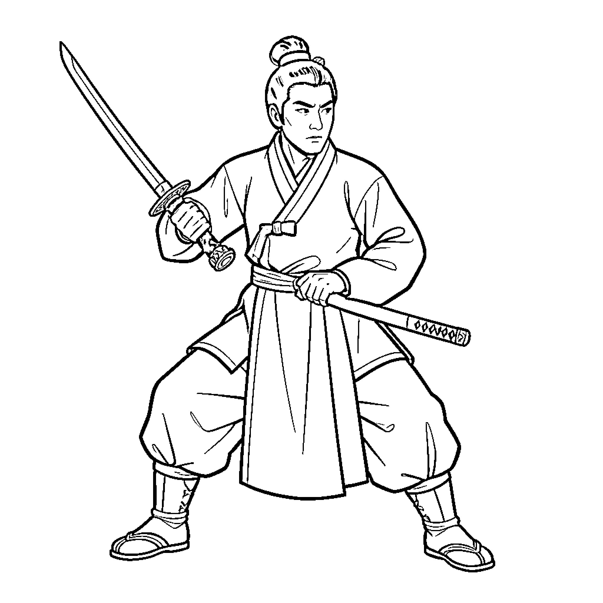 Swordman in traditional attire holding two blades Coloring Page (free black-and-white line drawing printable PDF for all, from beginners to advanced learners, including children, teens, adults, and seniors)