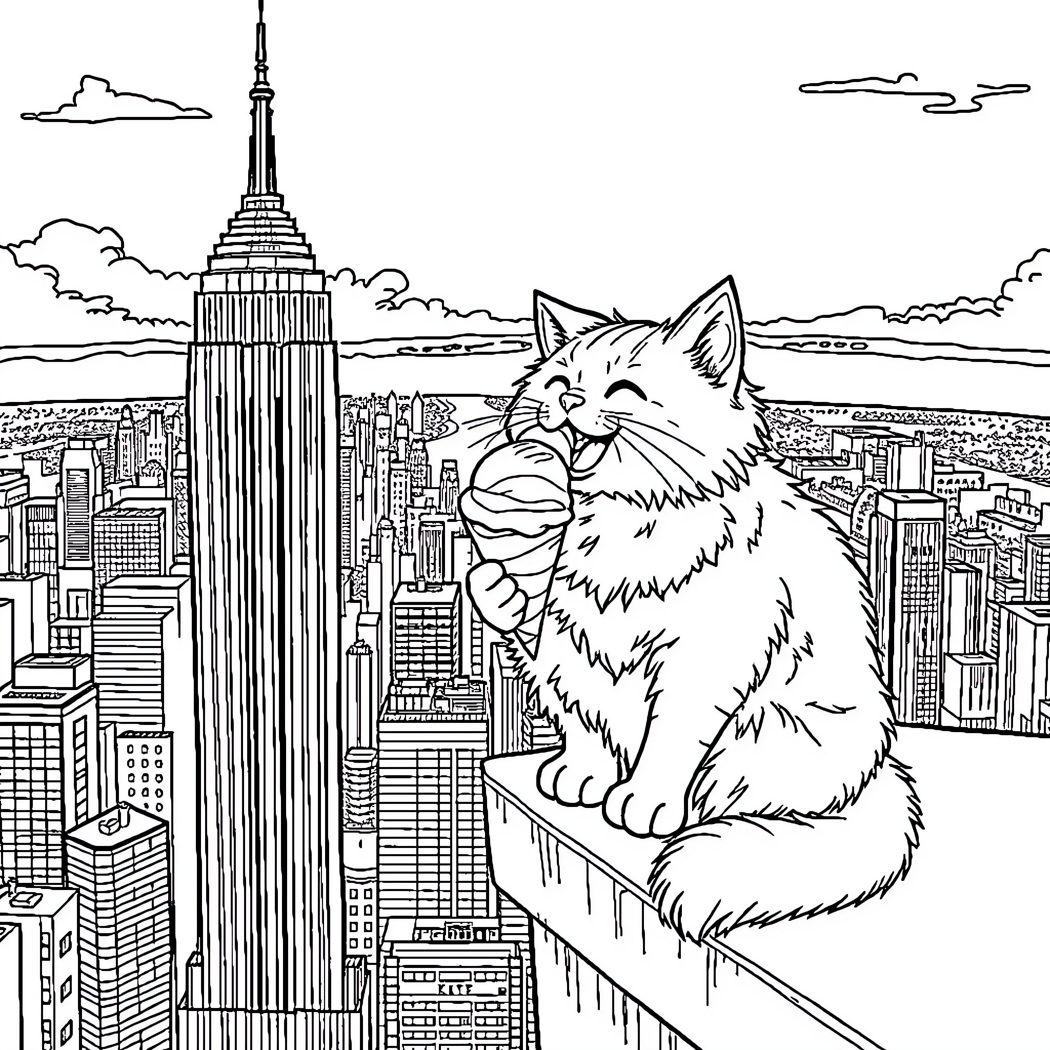 Cat overlooking the city skyline Coloring Page (free black-and-white line drawing printable PDF for all, from beginners to advanced learners, including children, teens, adults, and seniors)