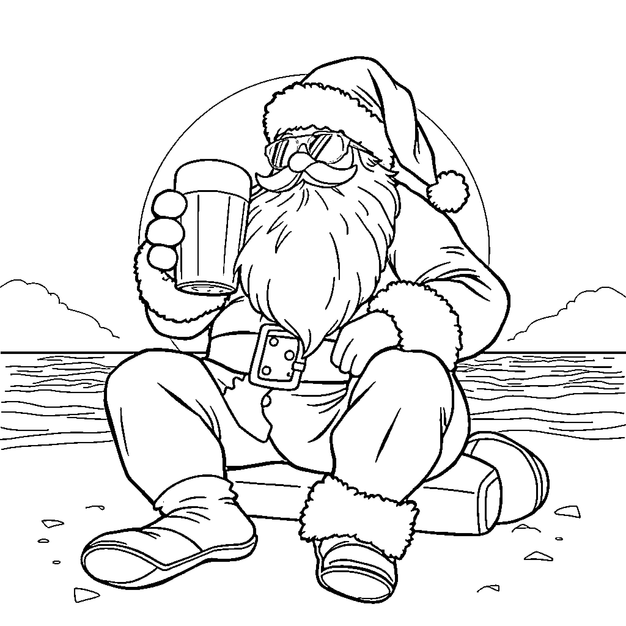 Santa Claus relaxing on the beach Coloring Page (free black-and-white line drawing printable PDF for all, from beginners to advanced learners, including children, teens, adults, and seniors)