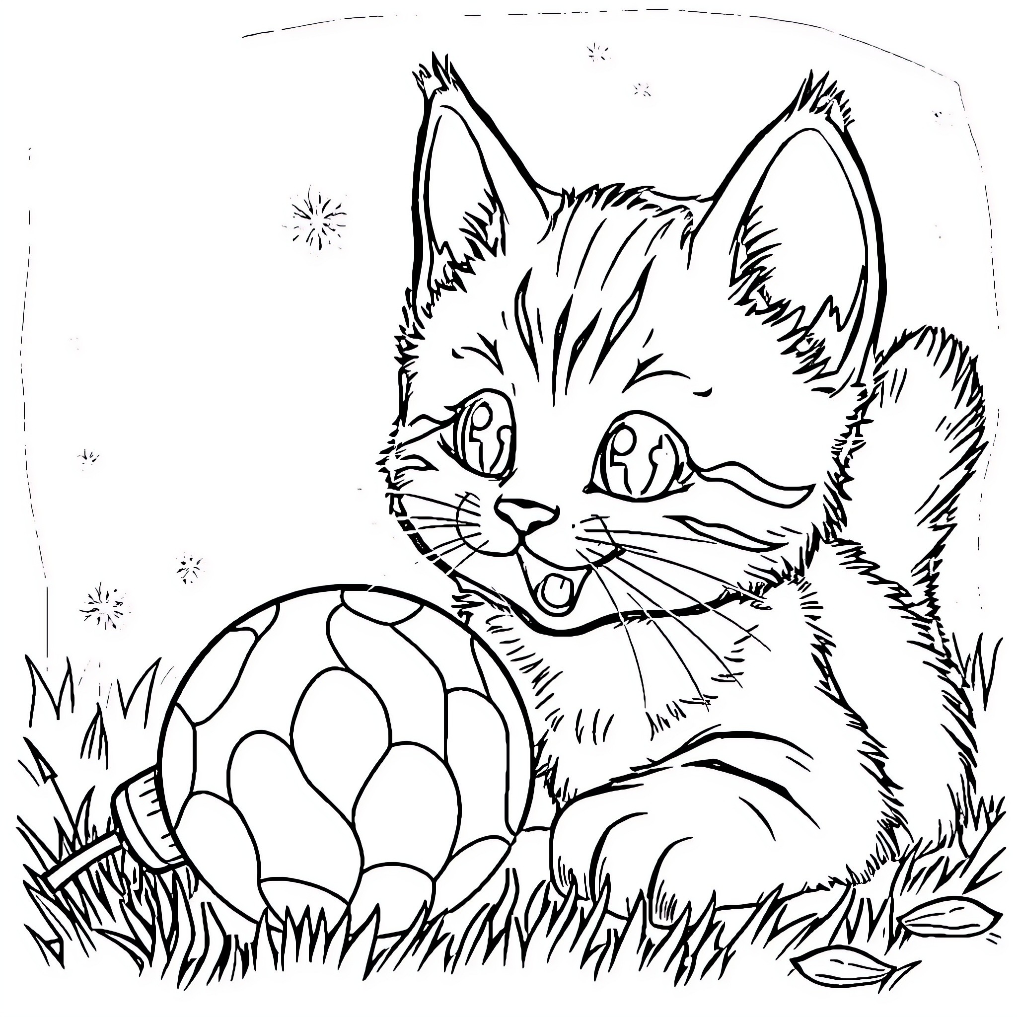Chat with a curious cat in the meadow Coloring Page (free black-and-white line drawing printable PDF for all, from beginners to advanced learners, including children, teens, adults, and seniors)