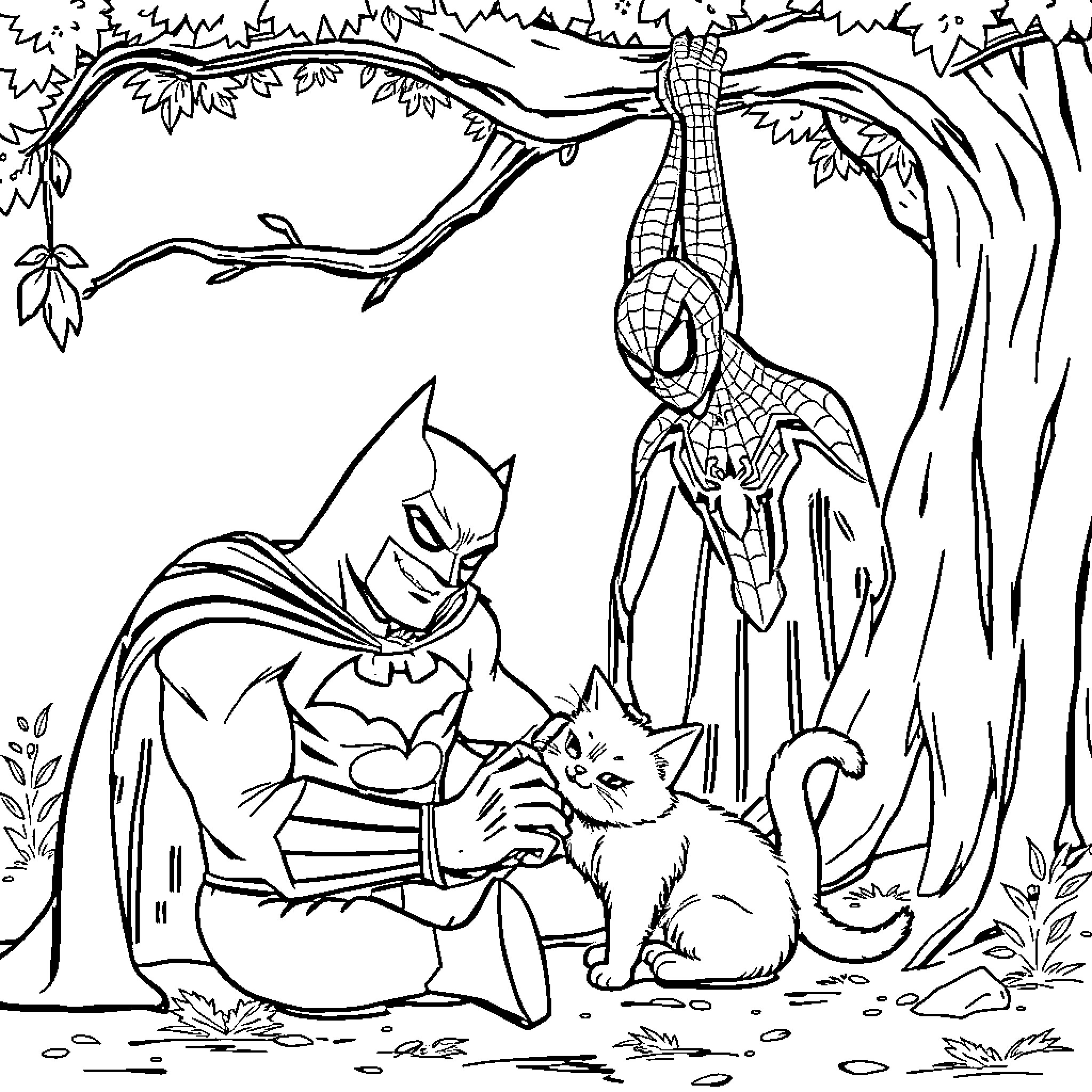 Batman and Spider-Man interact with a cat in the forest Coloring Page (free black-and-white line drawing printable PDF for all, from beginners to advanced learners, including children, teens, adults, and seniors)