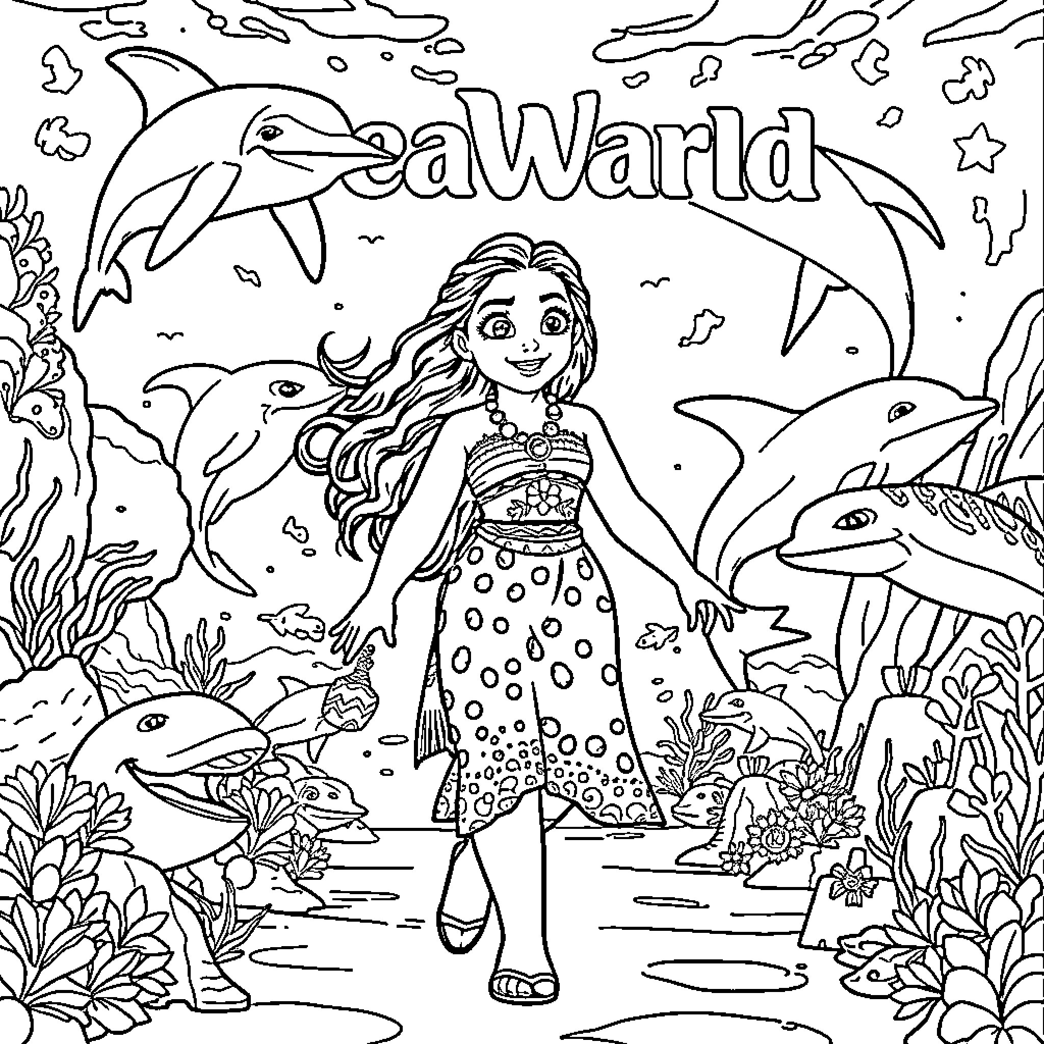 Moana exploring the ocean with friendly dolphins Coloring Page (free black-and-white line drawing printable PDF for all, from beginners to advanced learners, including children, teens, adults, and seniors)