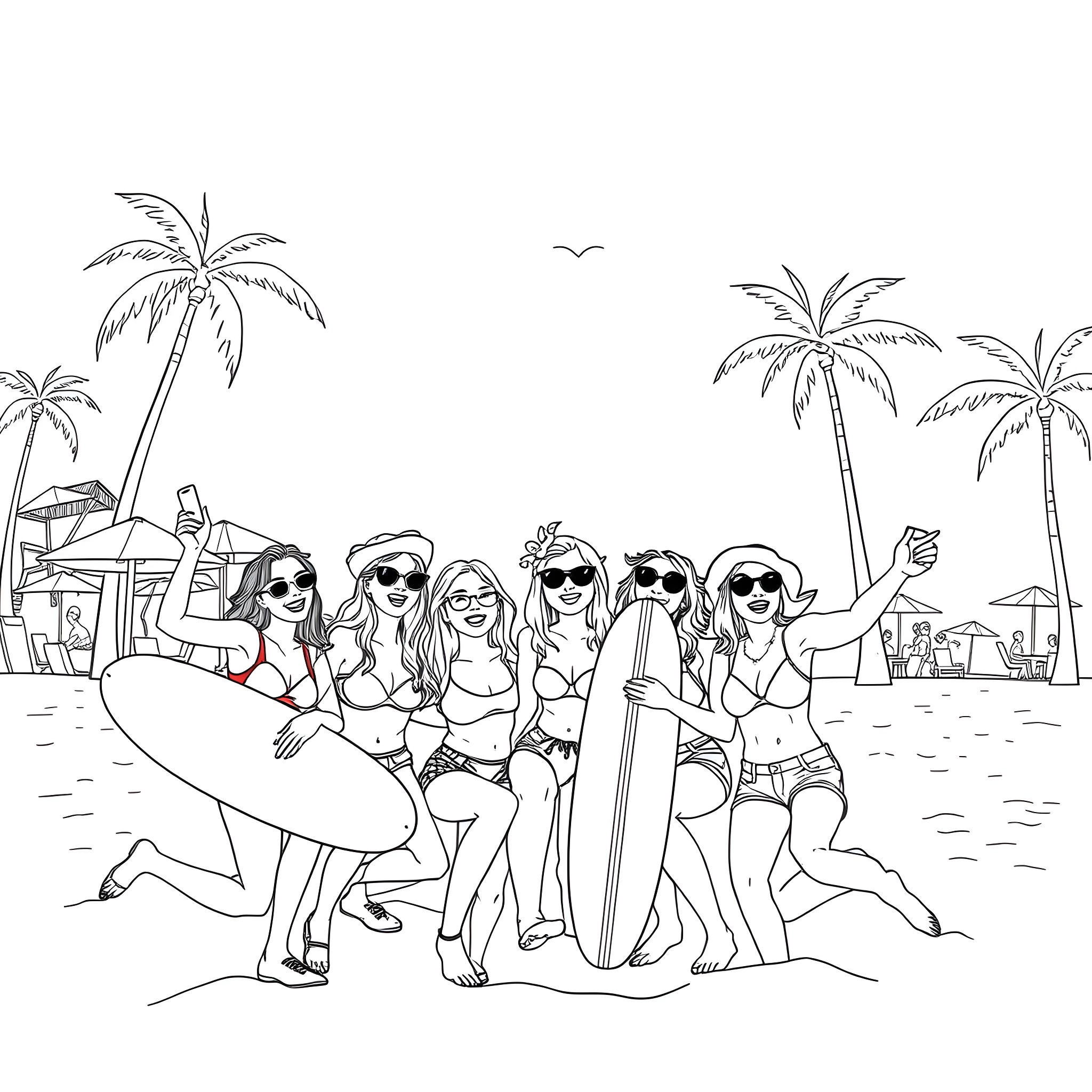 Co-ed group enjoying a beach day Coloring Page (free black-and-white line drawing printable PDF for all, from beginners to advanced learners, including children, teens, adults, and seniors)