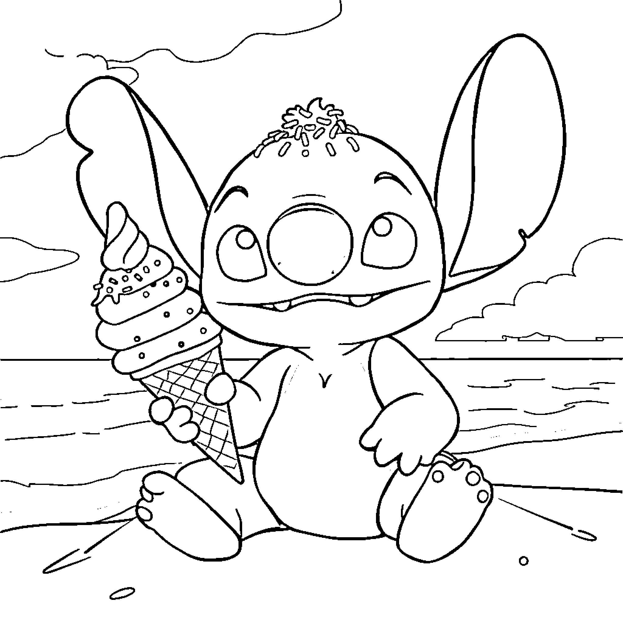 Stitch enjoys a tasty ice cream treat by the beach Coloring Page (free black-and-white line drawing printable PDF for all, from beginners to advanced learners, including children, teens, adults, and seniors)