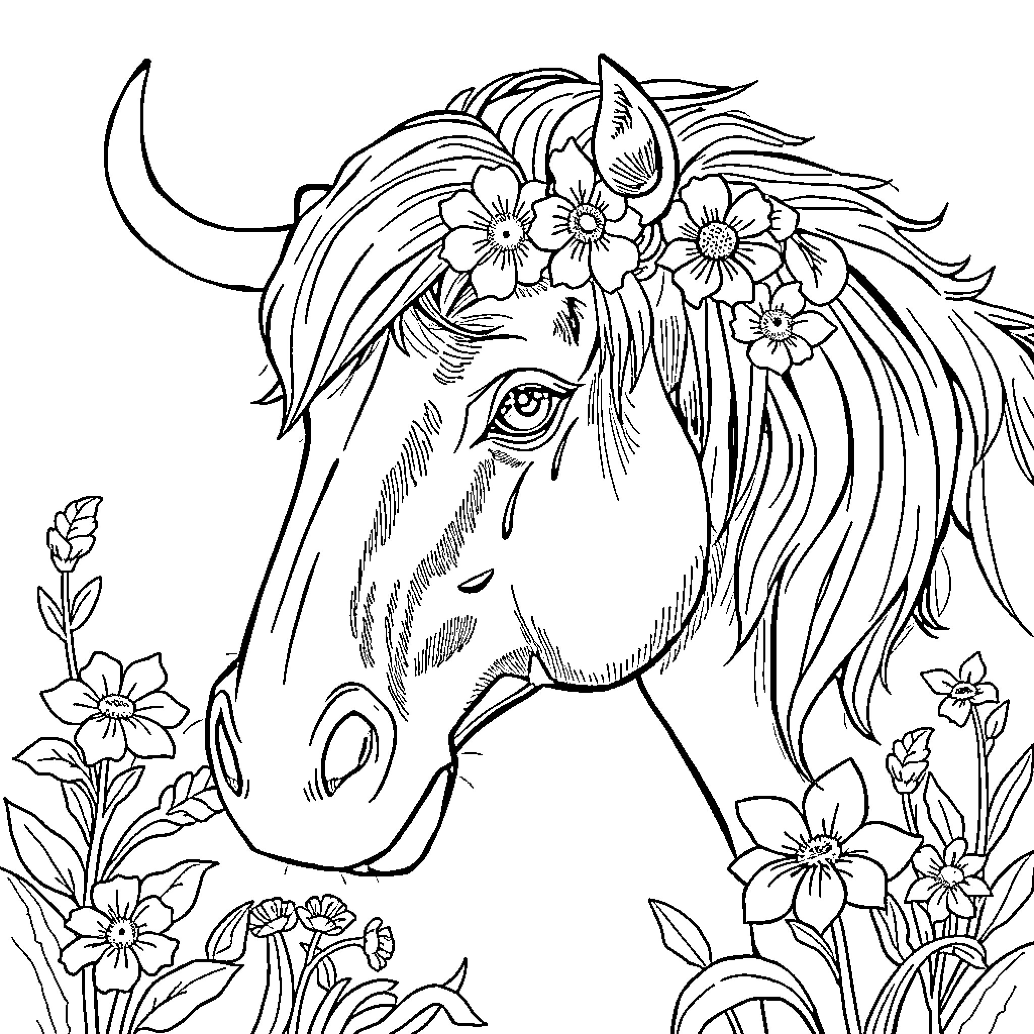 Animal with floral adornments in natural surroundings Coloring Page (free black-and-white line drawing printable PDF for all, from beginners to advanced learners, including children, teens, adults, and seniors)