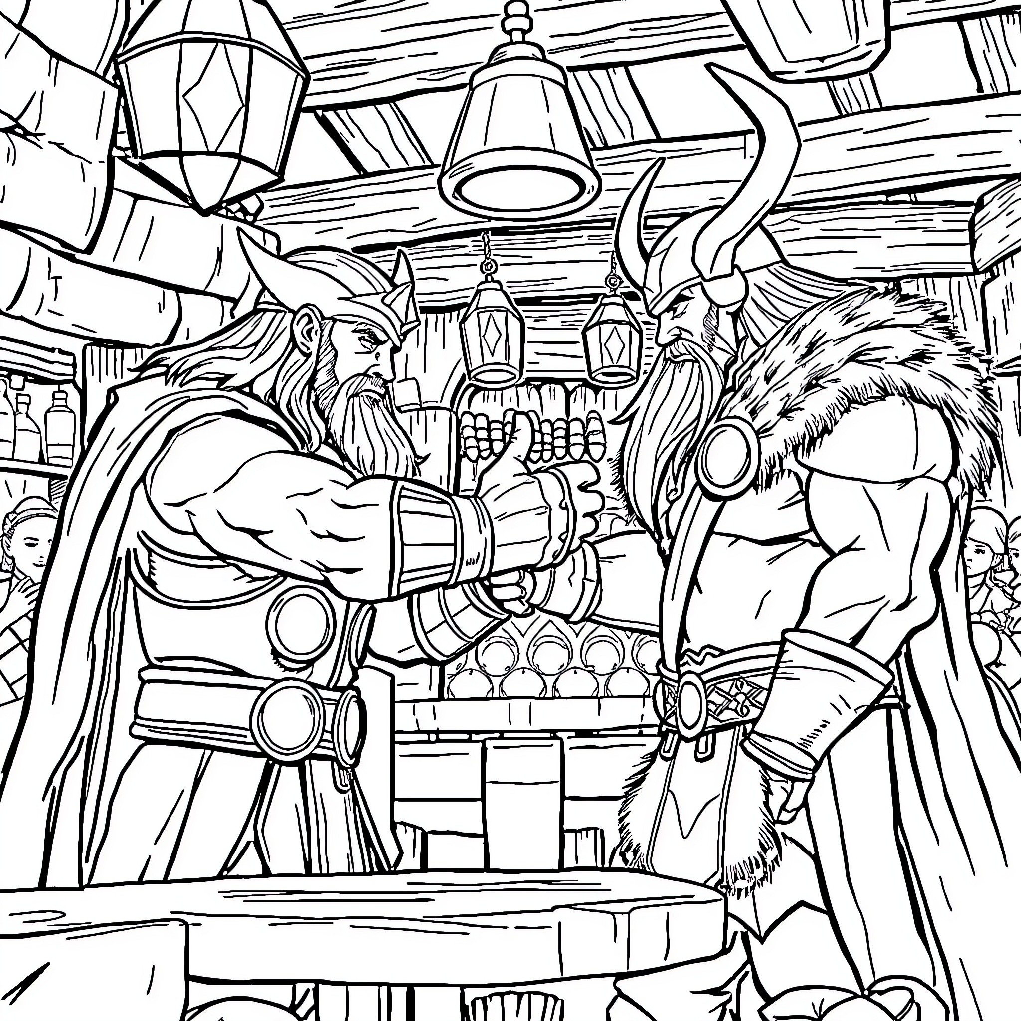 Thor and Loki in an epic showdown Coloring Page (free black-and-white line drawing printable PDF for all, from beginners to advanced learners, including children, teens, adults, and seniors)