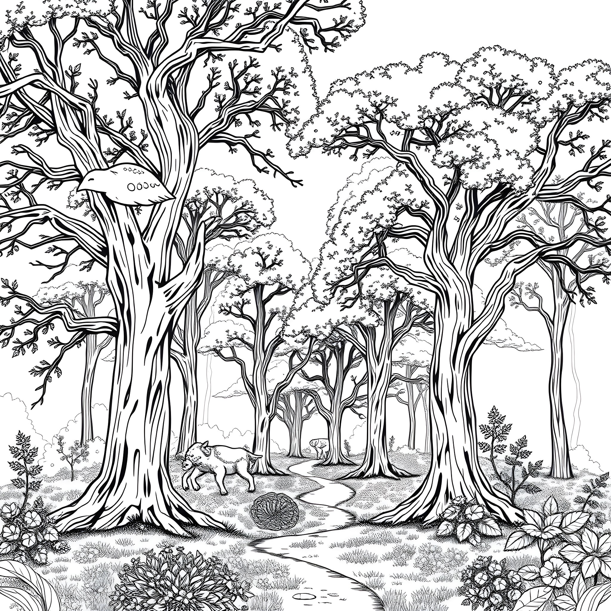 Forest scene with intricate tree branches and wildlife Coloring Page (free black-and-white line drawing printable PDF for all, from beginners to advanced learners, including children, teens, adults, and seniors)