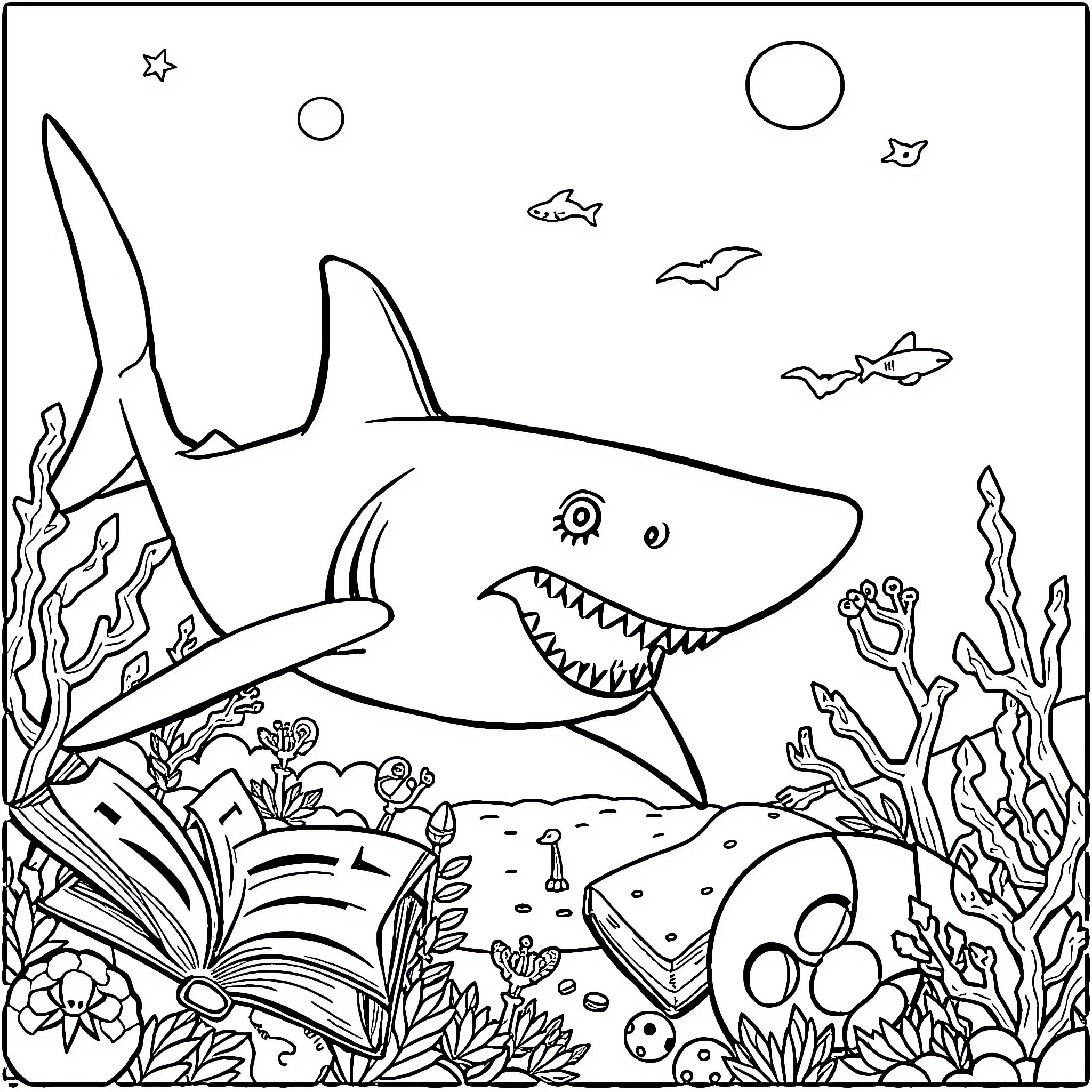 Shark surrounded by marine life in the ocean Coloring Page (free black-and-white line drawing printable PDF for all, from beginners to advanced learners, including children, teens, adults, and seniors)