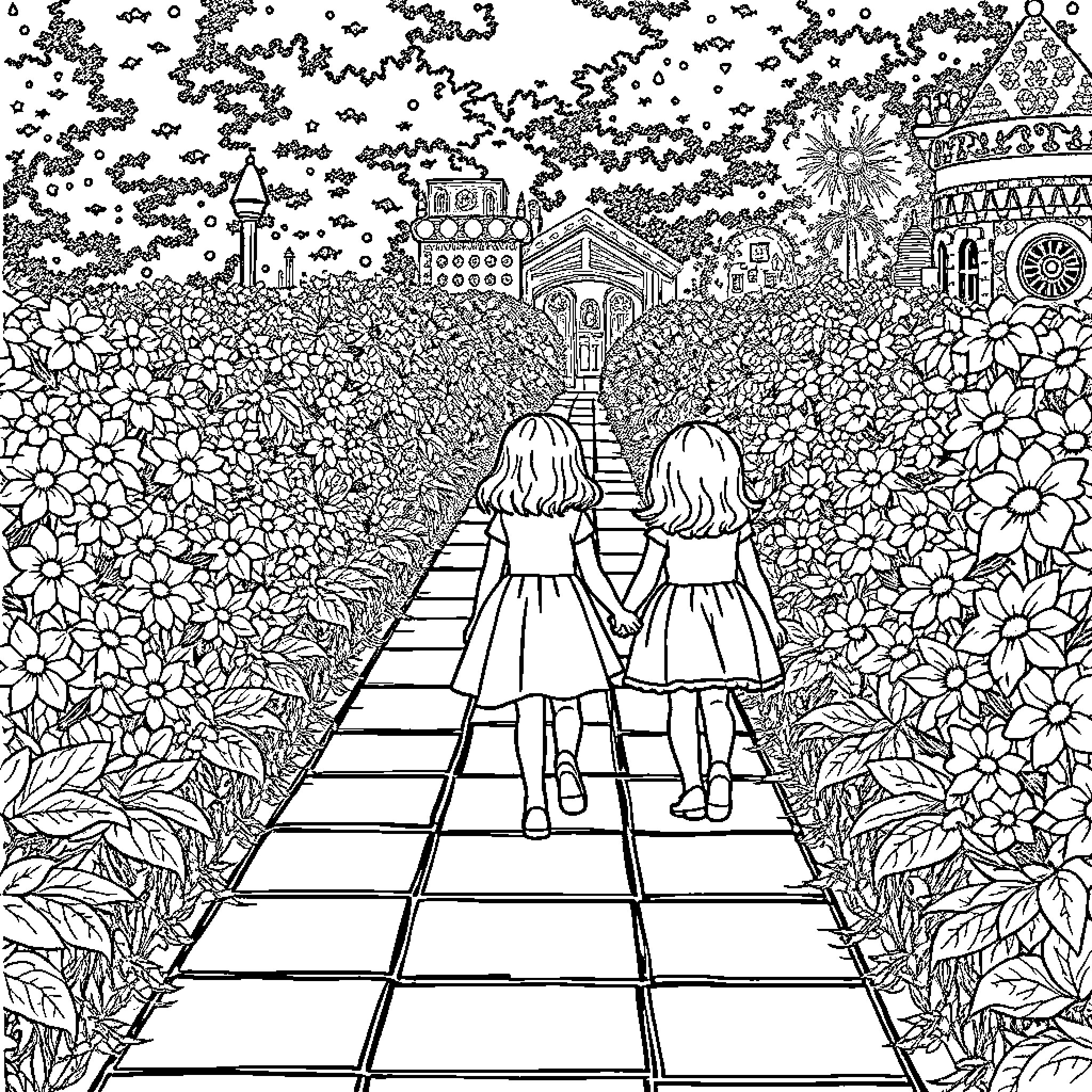 Girls exploring the enchanted garden Coloring Page (free black-and-white line drawing printable PDF for all, from beginners to advanced learners, including children, teens, adults, and seniors)
