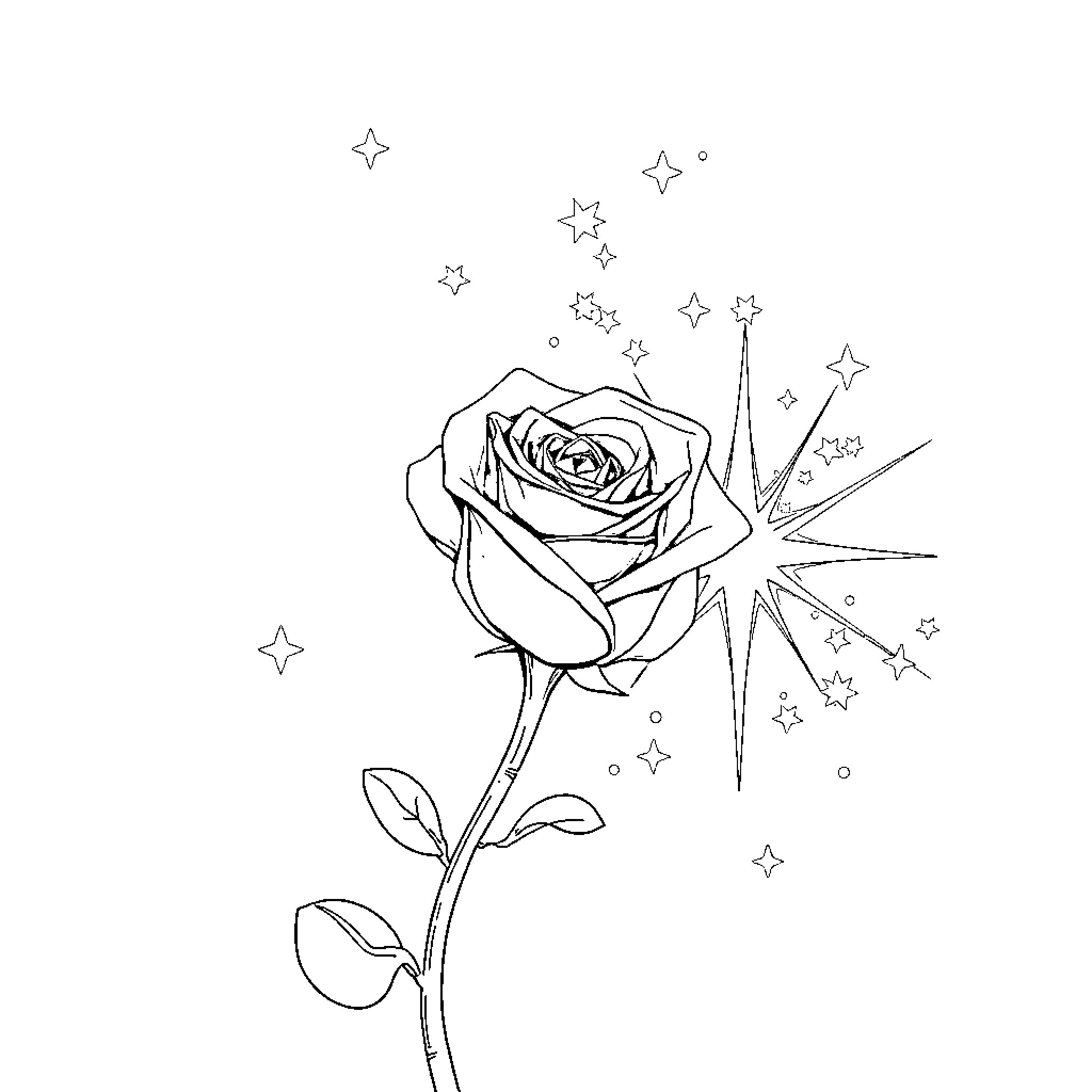 Shooting Star Rose with Sparkling Petals Coloring Page (free black-and-white line drawing printable PDF for all, from beginners to advanced learners, including children, teens, adults, and seniors)