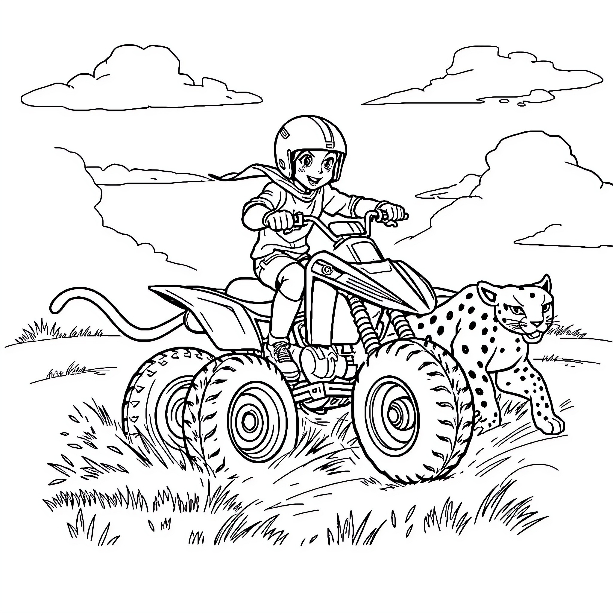 Boy riding ATV with spotted animal on scenic outdoors Coloring Page (free black-and-white line drawing printable PDF for all, from beginners to advanced learners, including children, teens, adults, and seniors)