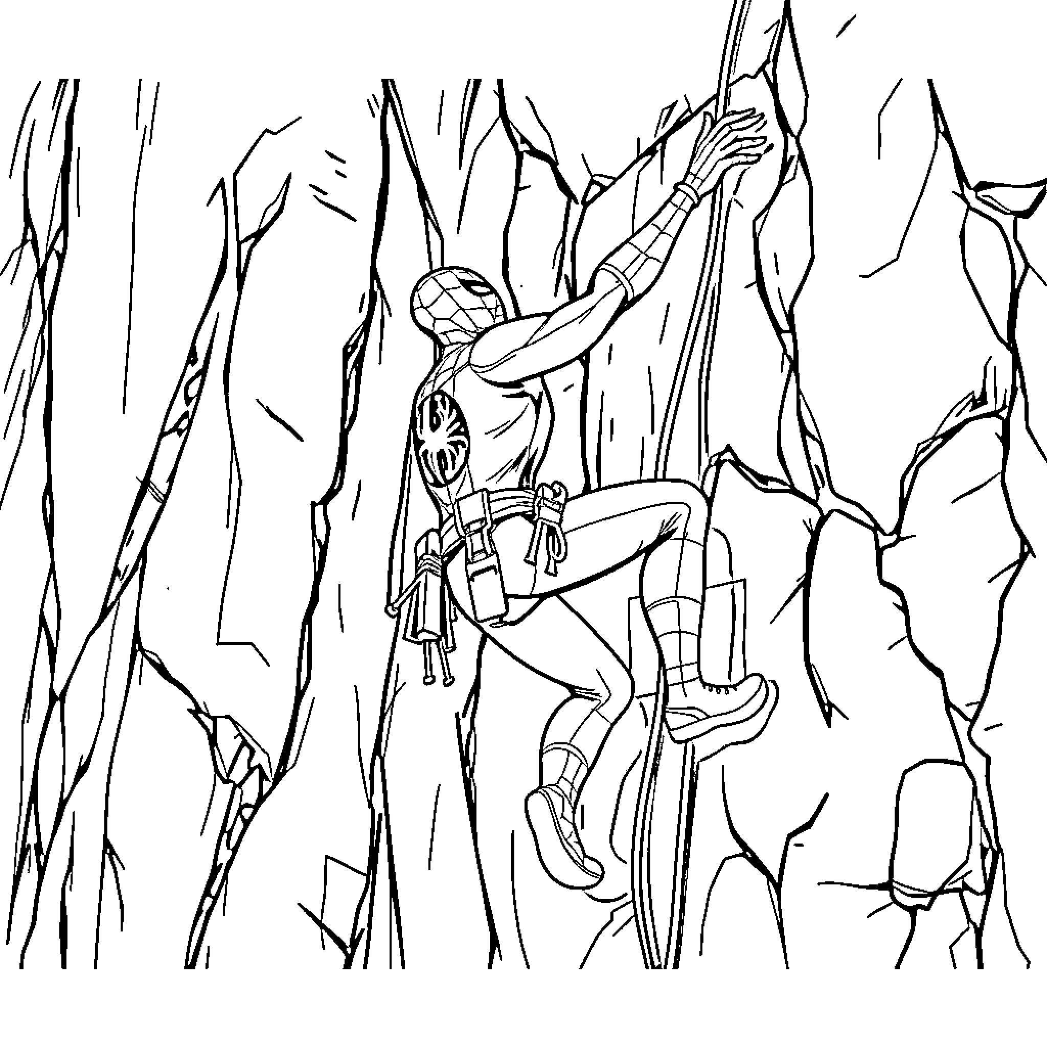 Spiderman scaling a rocky cliff Coloring Page (free black-and-white line drawing printable PDF for all, from beginners to advanced learners, including children, teens, adults, and seniors)
