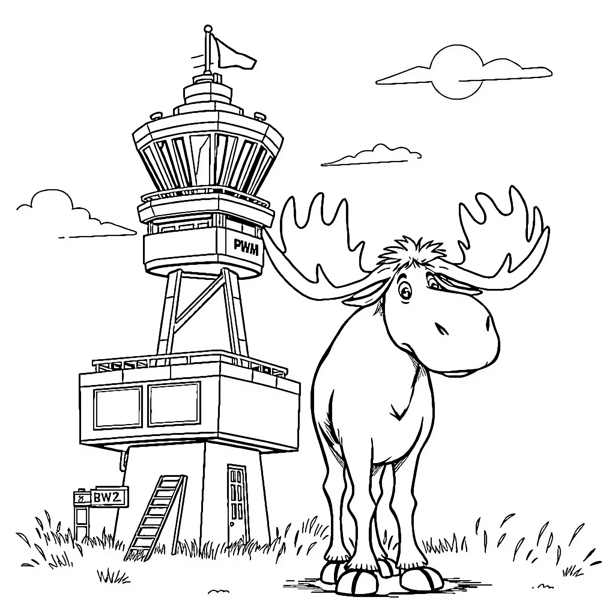 Moose standing near airport control tower Coloring Page (free black-and-white line drawing printable PDF for all, from beginners to advanced learners, including children, teens, adults, and seniors)
