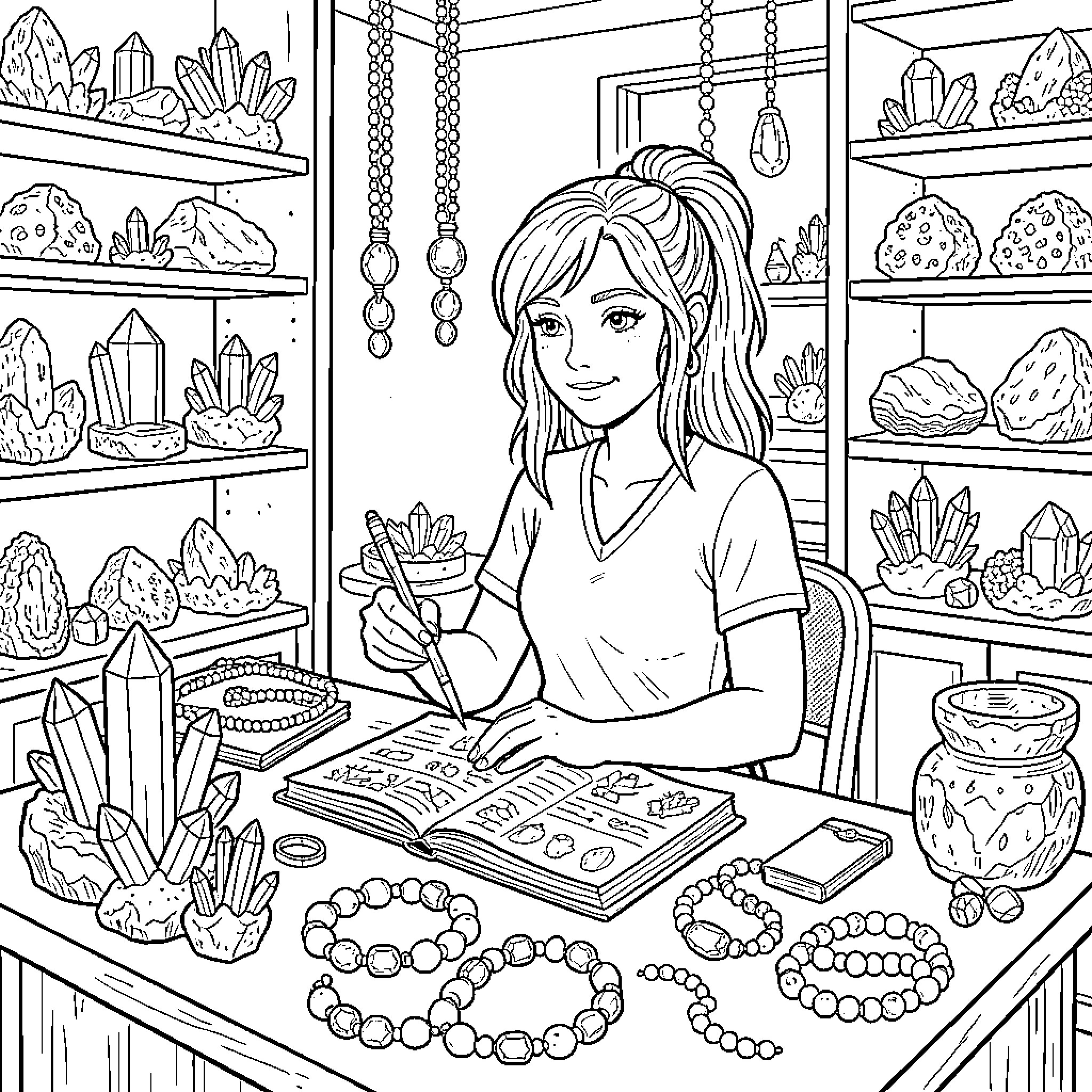 Woman writing in a journal surrounded by crystals Coloring Page (free black-and-white line drawing printable PDF for all, from beginners to advanced learners, including children, teens, adults, and seniors)