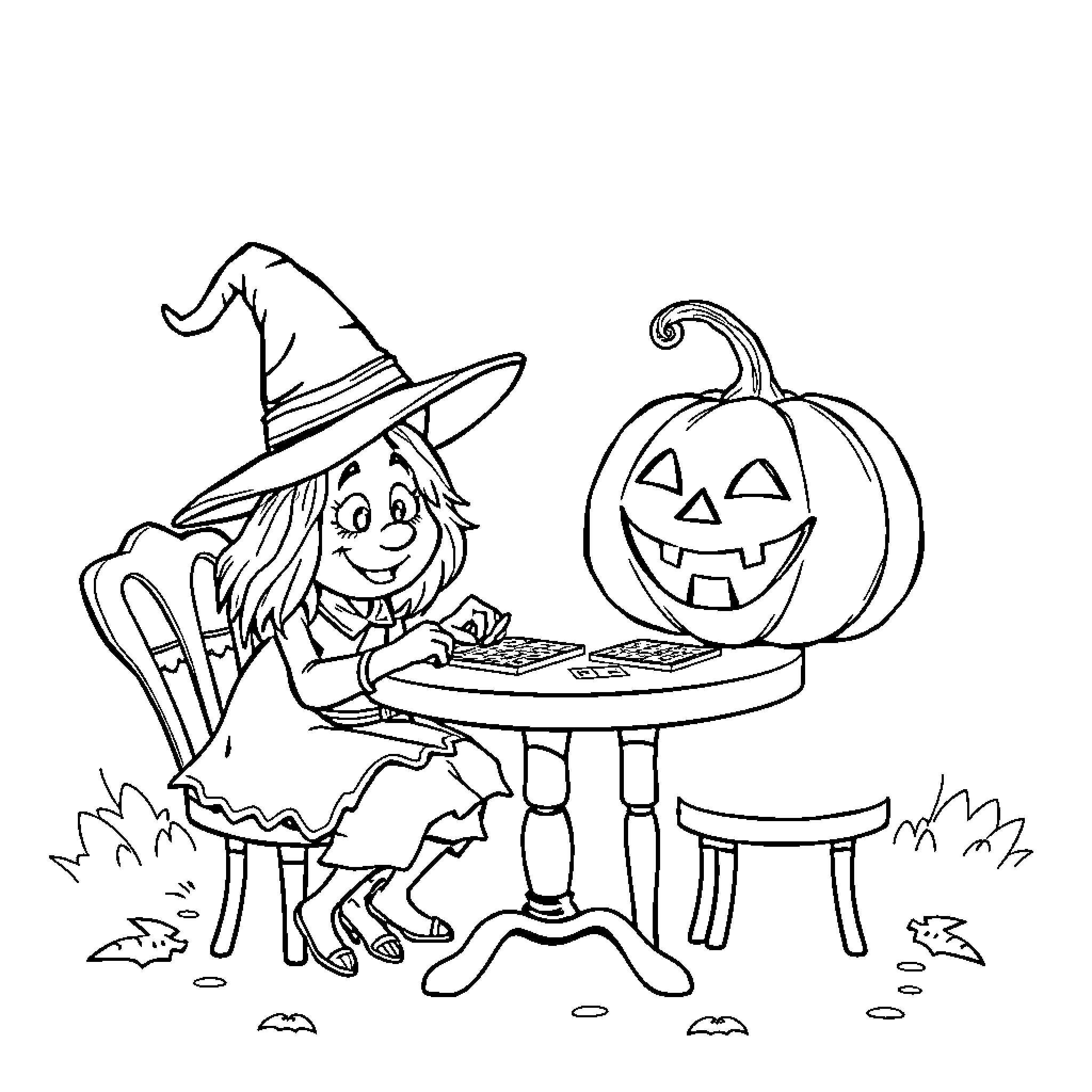 Witch serving pumpkin treats on Halloween Coloring Page (free black-and-white line drawing printable PDF for all, from beginners to advanced learners, including children, teens, adults, and seniors)