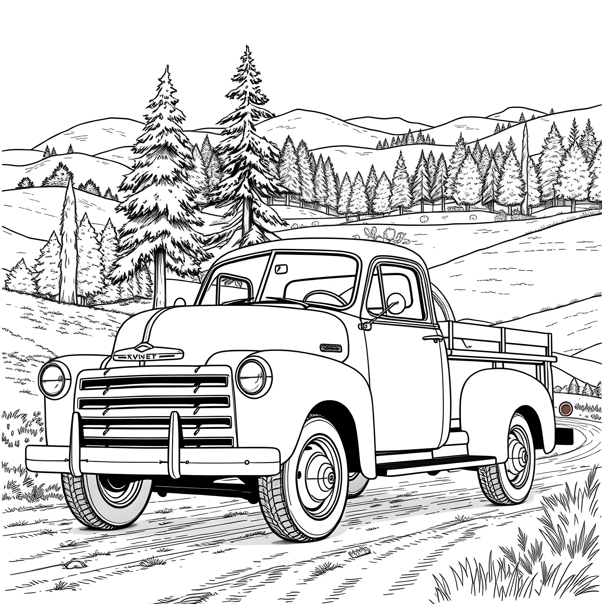 Truck Driving Through Snowy Mountain Landscape Coloring Page (free black-and-white line drawing printable PDF for all, from beginners to advanced learners, including children, teens, adults, and seniors)