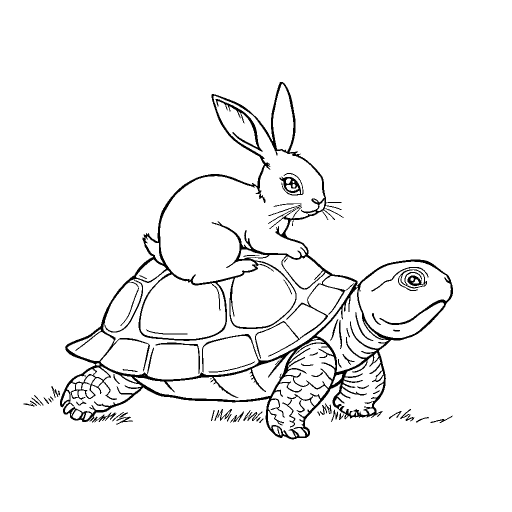 Rabbit riding playfully on a turtle Coloring Page (free black-and-white line drawing printable PDF for all, from beginners to advanced learners, including children, teens, adults, and seniors)