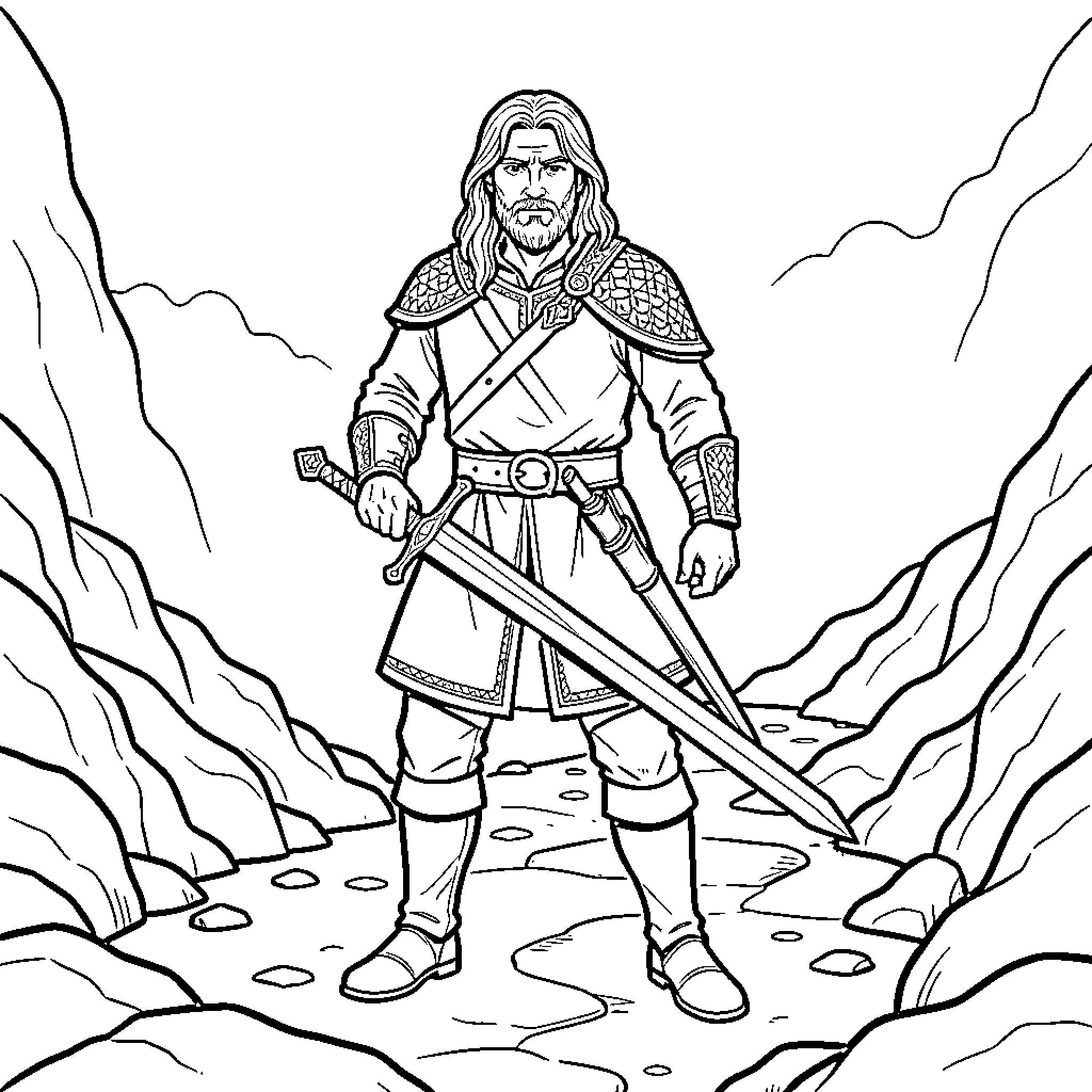 Boromir standing heroically with a large sword Coloring Page (free black-and-white line drawing printable PDF for all, from beginners to advanced learners, including children, teens, adults, and seniors)