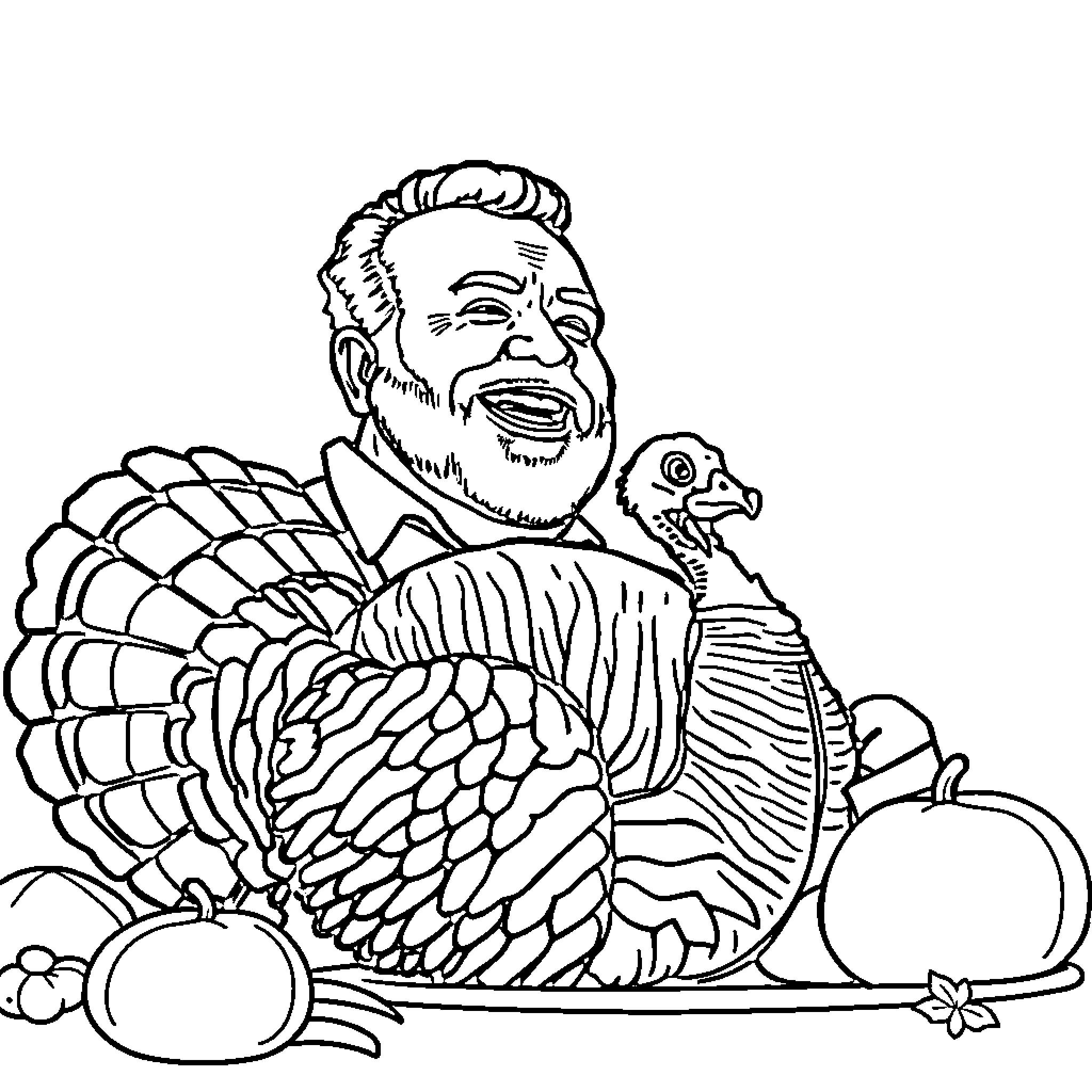 Mohanlal enjoying Thanksgiving Turkey feast Coloring Page (free black-and-white line drawing printable PDF for all, from beginners to advanced learners, including children, teens, adults, and seniors)