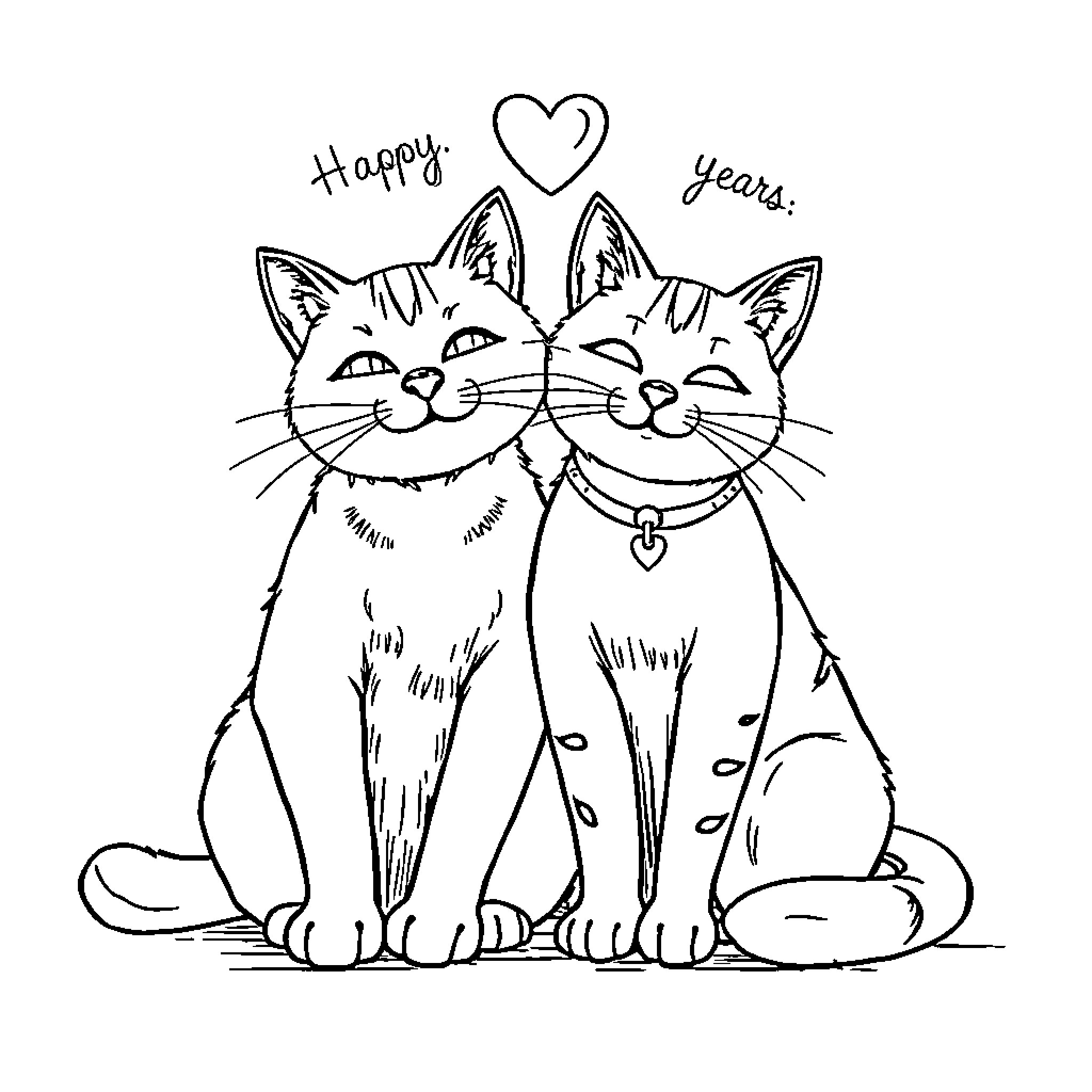 Cat couple celebrating happy new years Coloring Page (free black-and-white line drawing printable PDF for all, from beginners to advanced learners, including children, teens, adults, and seniors)