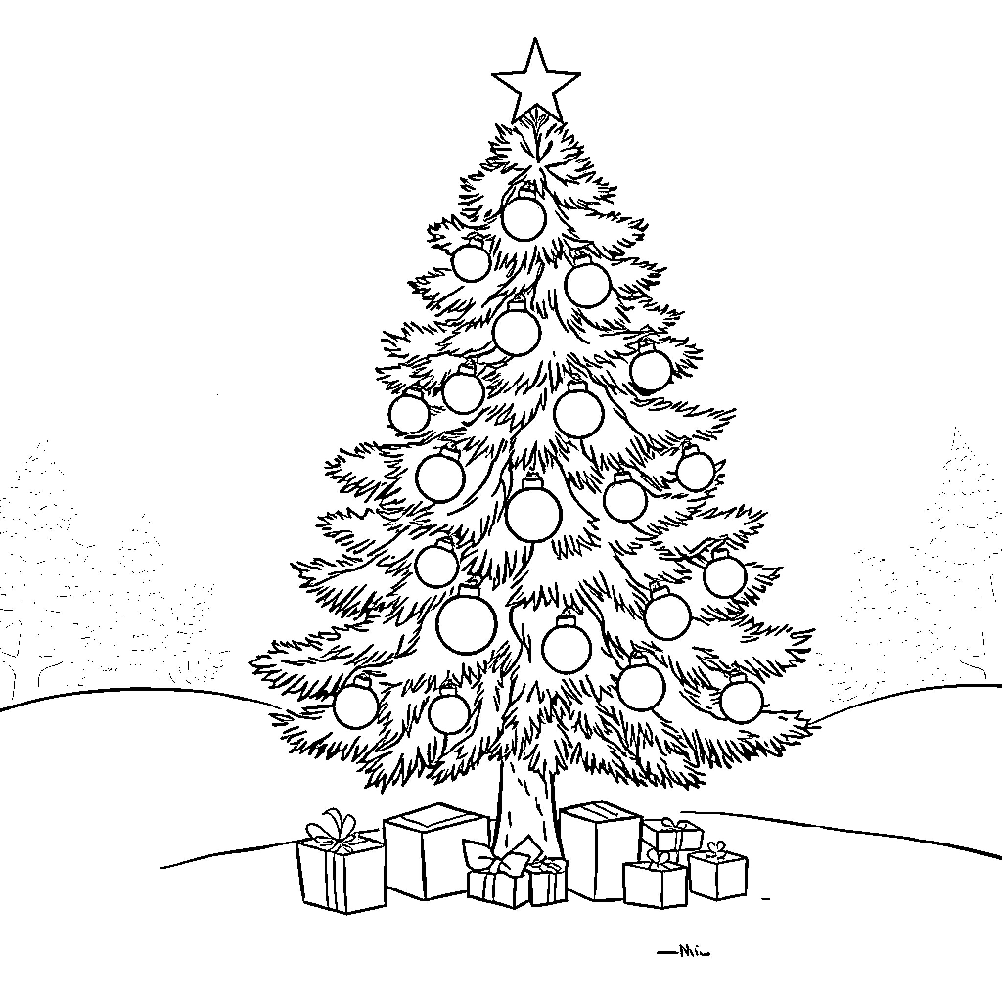 Christmas tree decorated with ornaments and presents Coloring Page (free black-and-white line drawing printable PDF for all, from beginners to advanced learners, including children, teens, adults, and seniors)