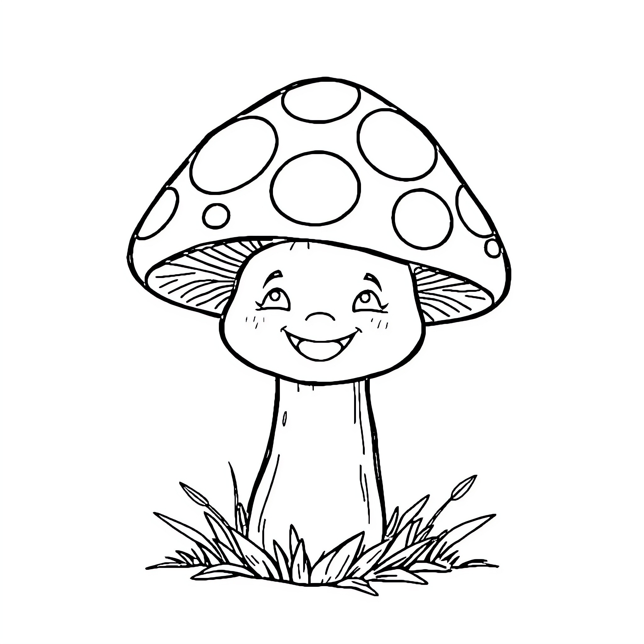 Mushroom character with cheerful expression Coloring Page (free black-and-white line drawing printable PDF for all, from beginners to advanced learners, including children, teens, adults, and seniors)