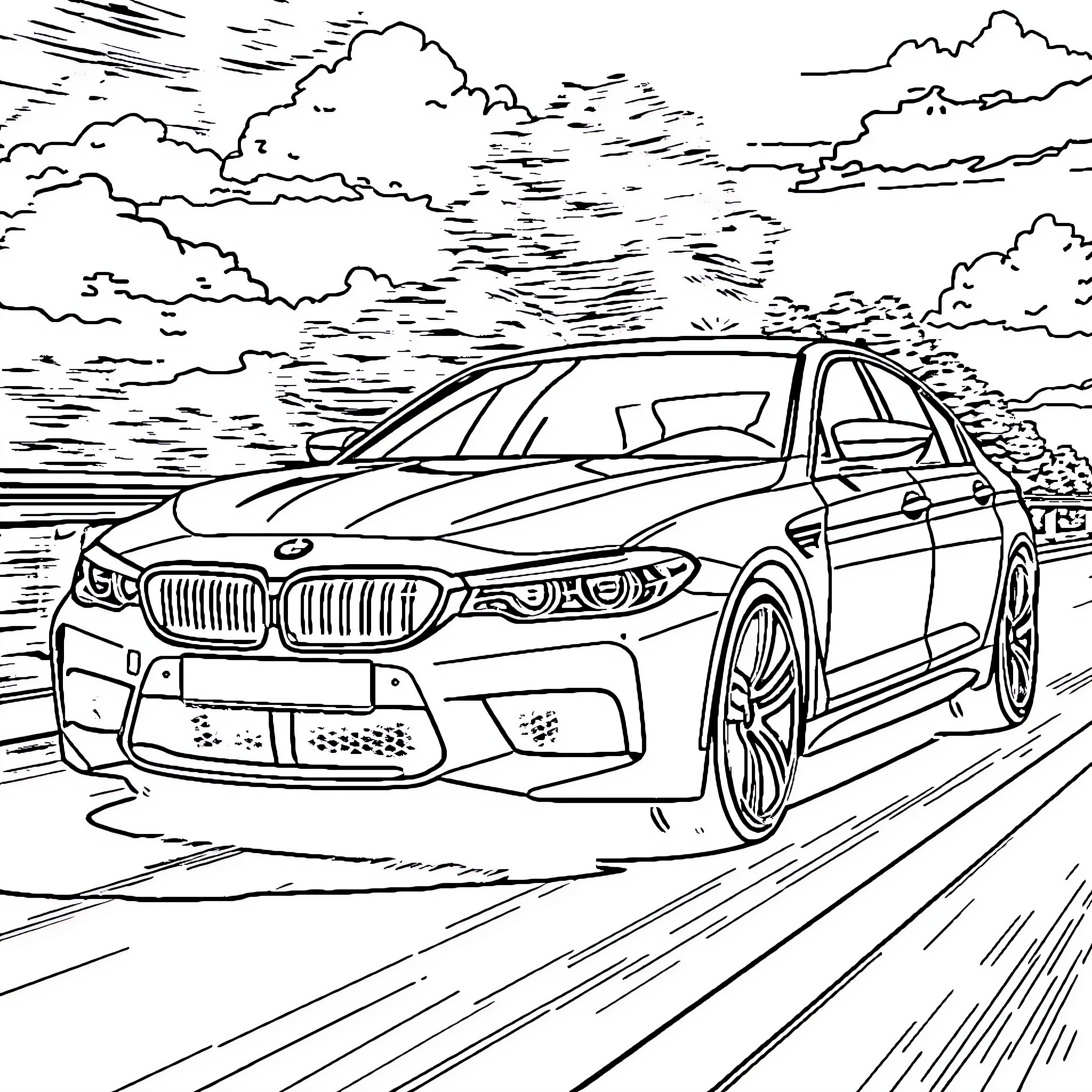 BMW racing on a scenic road through the clouds Coloring Page (free black-and-white line drawing printable PDF for all, from beginners to advanced learners, including children, teens, adults, and seniors)