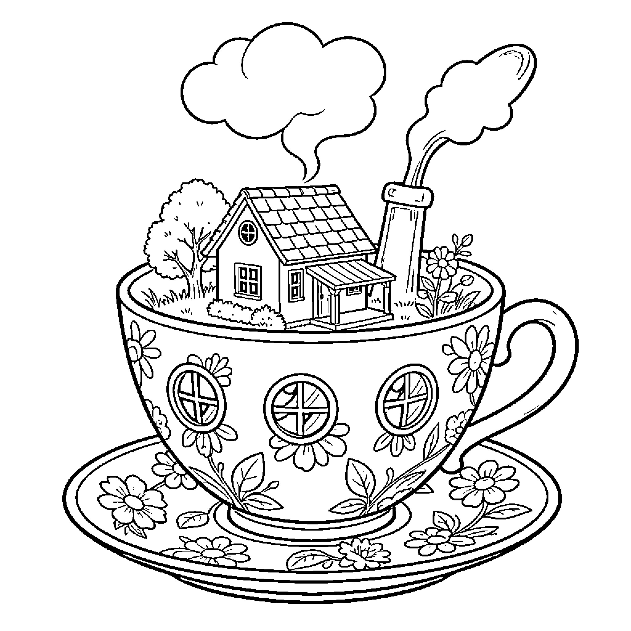 Teacup with a cozy cottage scene Coloring Page (free black-and-white line drawing printable PDF for all, from beginners to advanced learners, including children, teens, adults, and seniors)