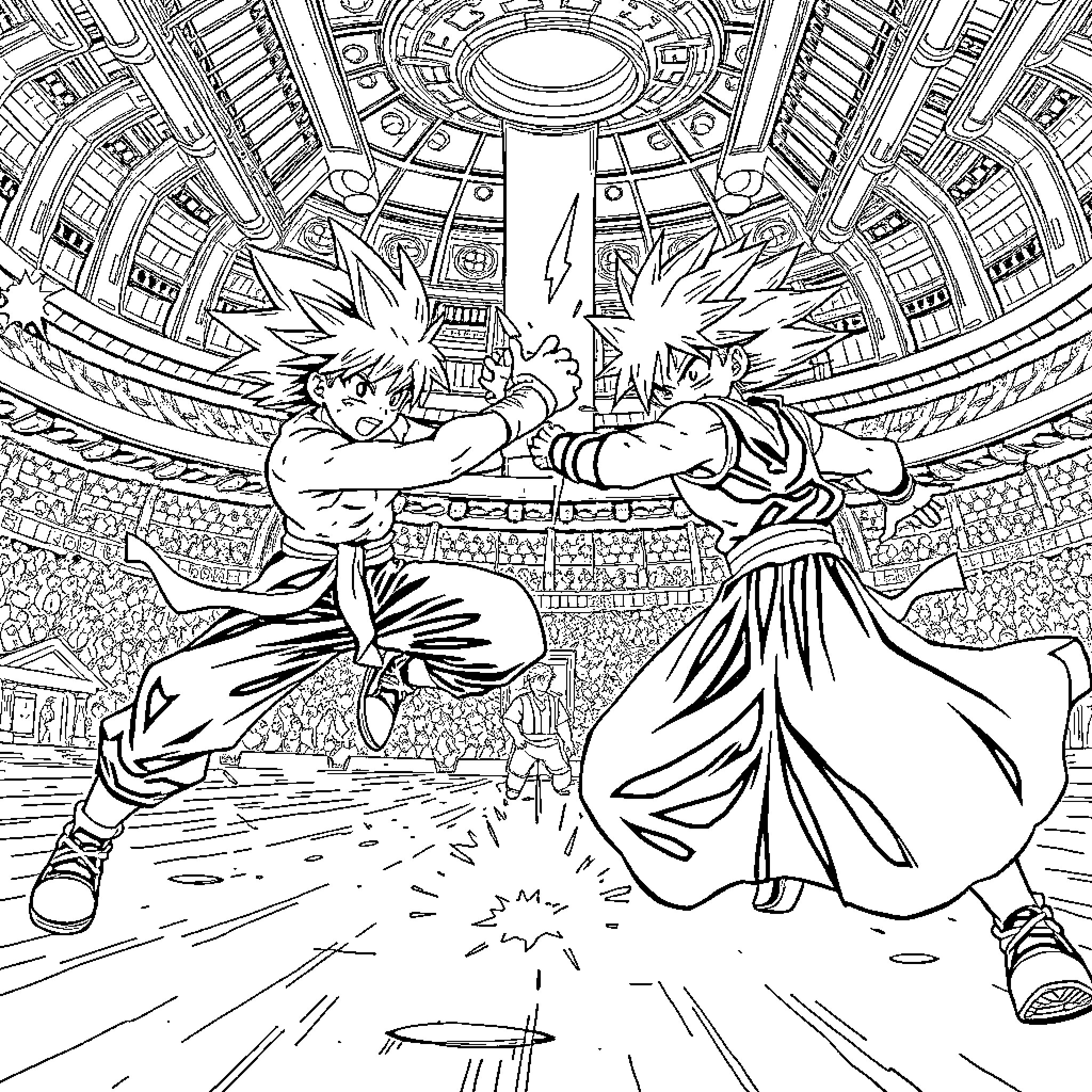 Deku Characters Engaged in Epic Battle Coloring Page (free black-and-white line drawing printable PDF for all, from beginners to advanced learners, including children, teens, adults, and seniors)