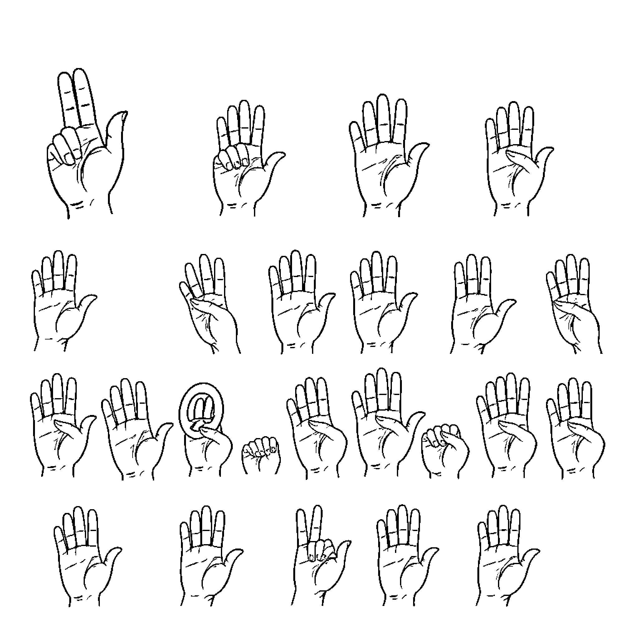 Sign Language: Diverse Hand Gestures and Expressions Coloring Page (free black-and-white line drawing printable PDF for all, from beginners to advanced learners, including children, teens, adults, and seniors)