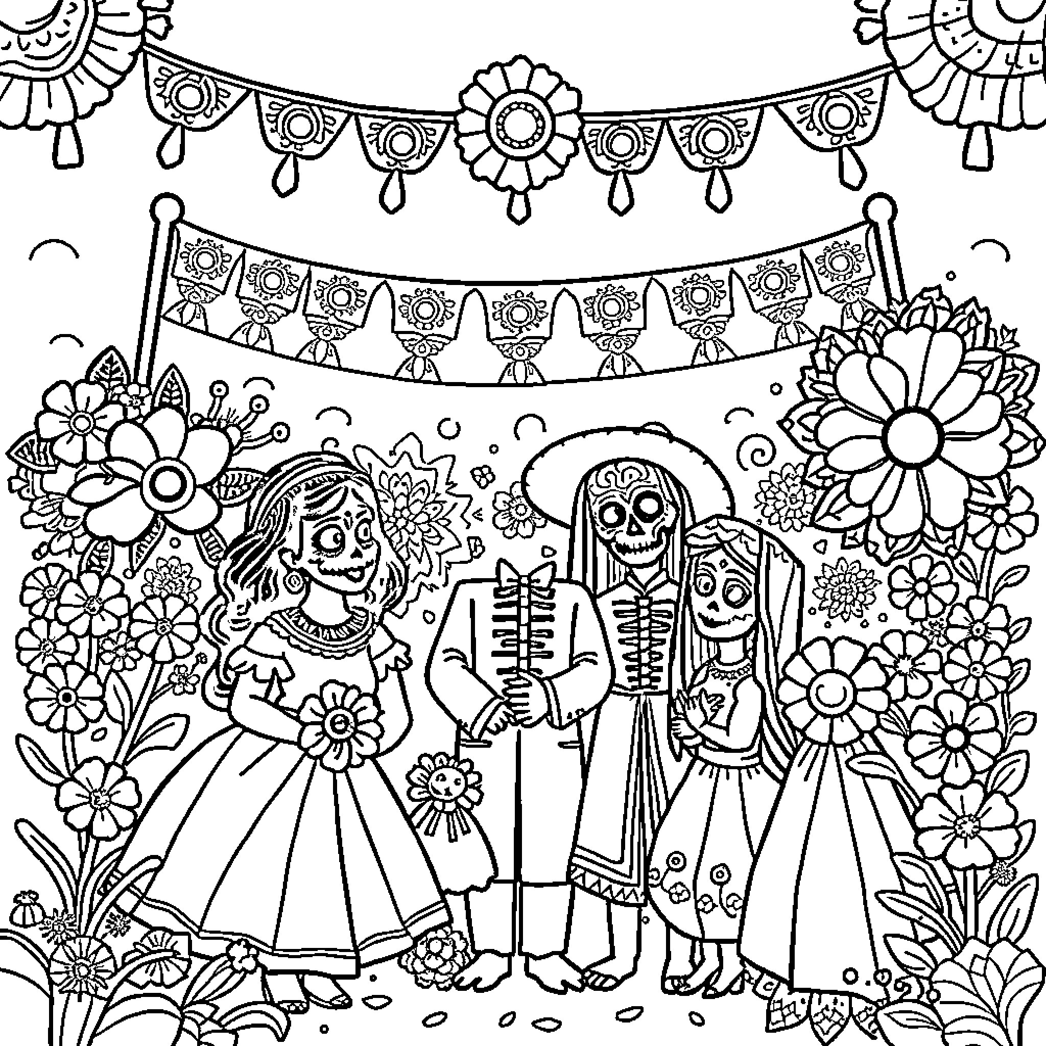Coco - Dia de los Muertos Celebrations Coloring Page (free black-and-white line drawing printable PDF for all, from beginners to advanced learners, including children, teens, adults, and seniors)