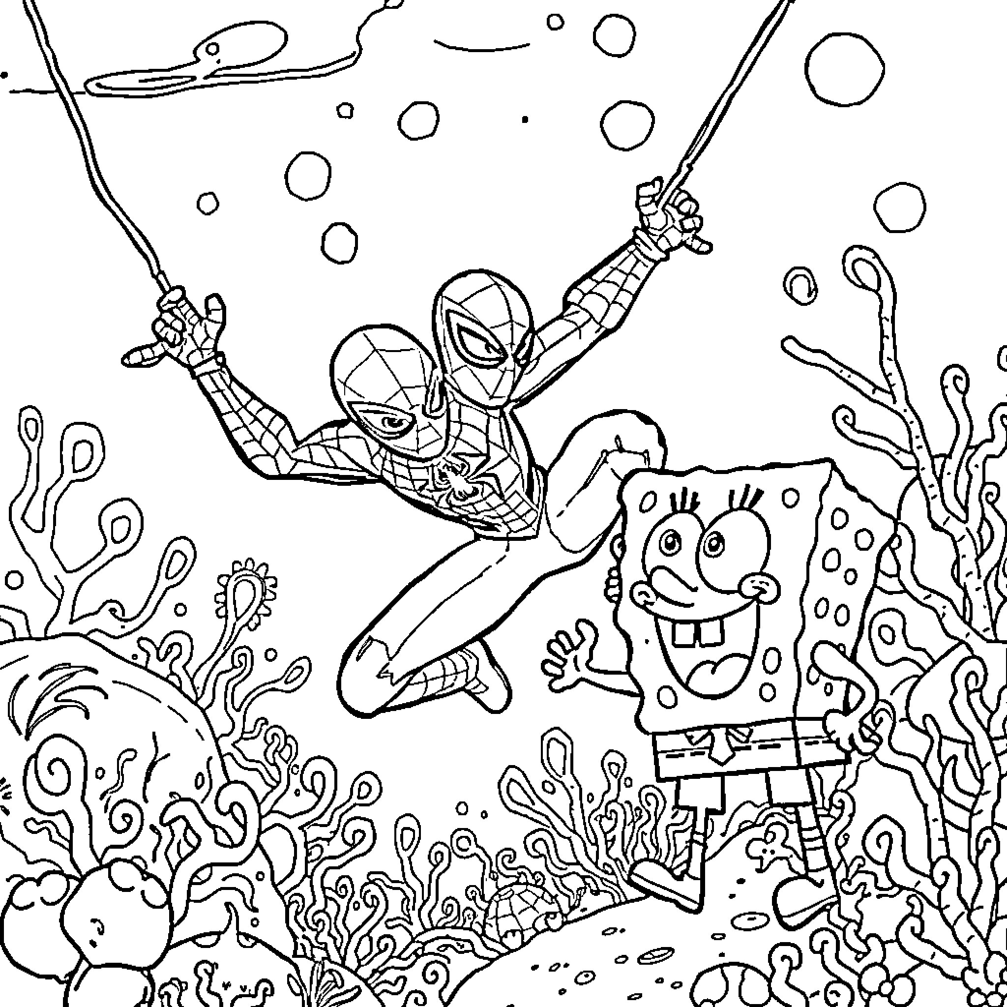 Spiderman swinging underwater with Spongebob Coloring Page (free black-and-white line drawing printable PDF for all, from beginners to advanced learners, including children, teens, adults, and seniors)