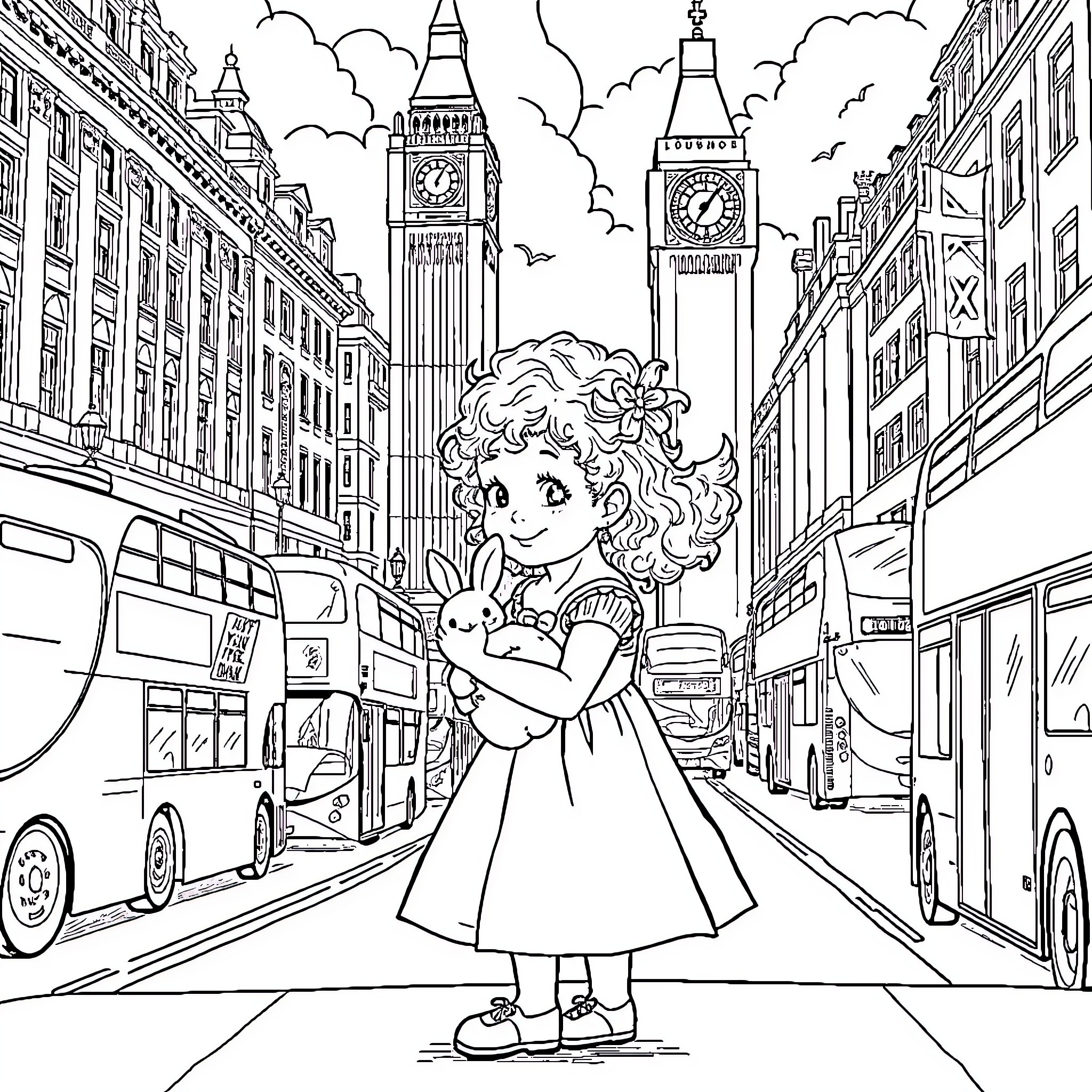 Toddler girl exploring the bustling city streets Coloring Page (free black-and-white line drawing printable PDF for all, from beginners to advanced learners, including children, teens, adults, and seniors)