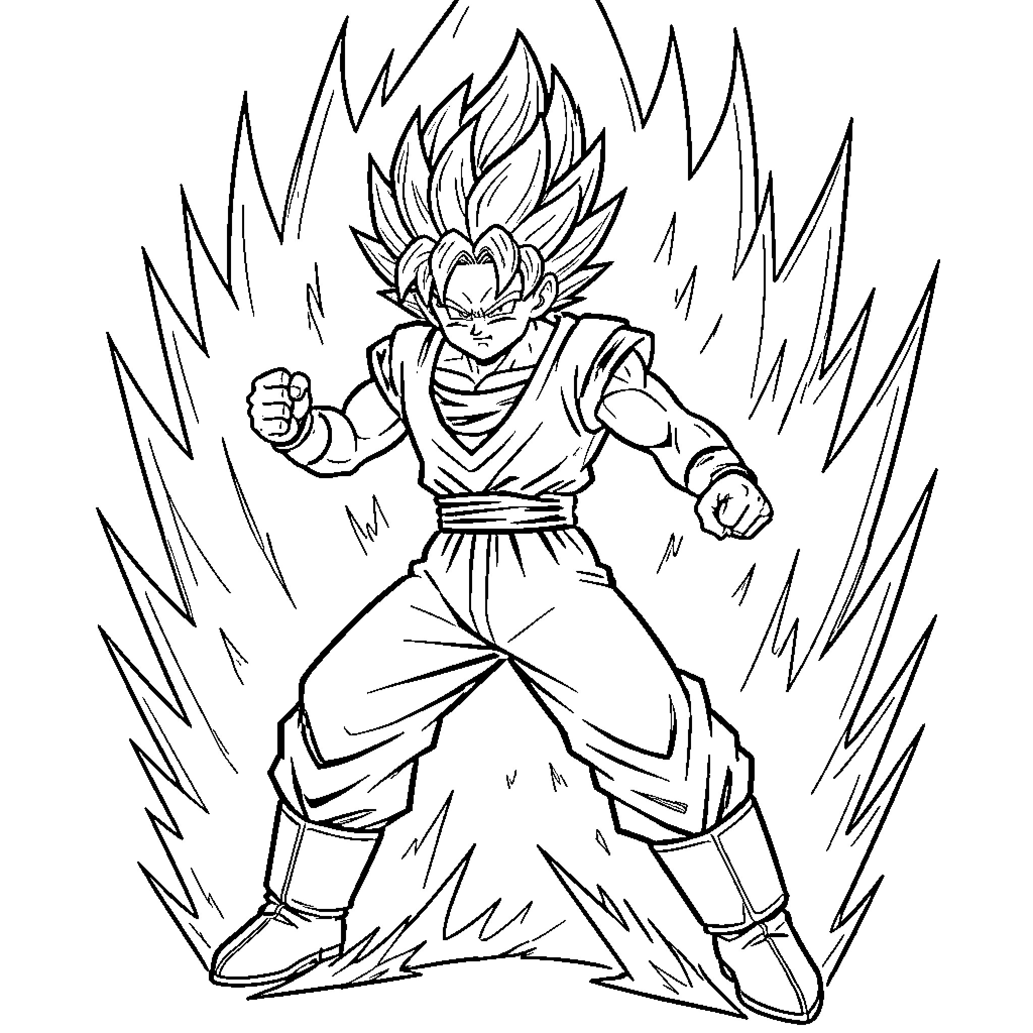 Super Saiyan warrior powering up with intense expression Coloring Page (free black-and-white line drawing printable PDF for all, from beginners to advanced learners, including children, teens, adults, and seniors)