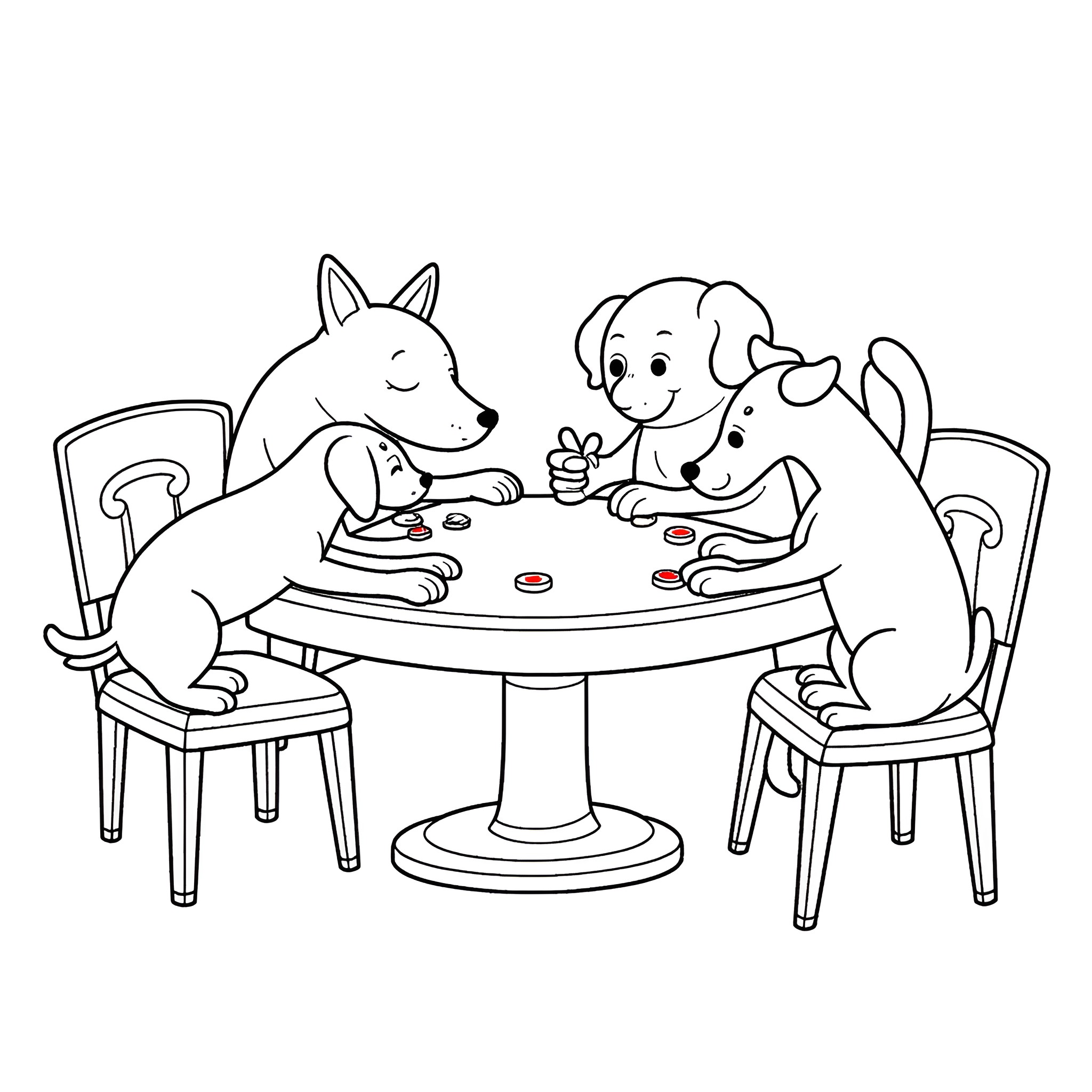 Dogs sharing a meal at the table Coloring Page (free black-and-white line drawing printable PDF for all, from beginners to advanced learners, including children, teens, adults, and seniors)
