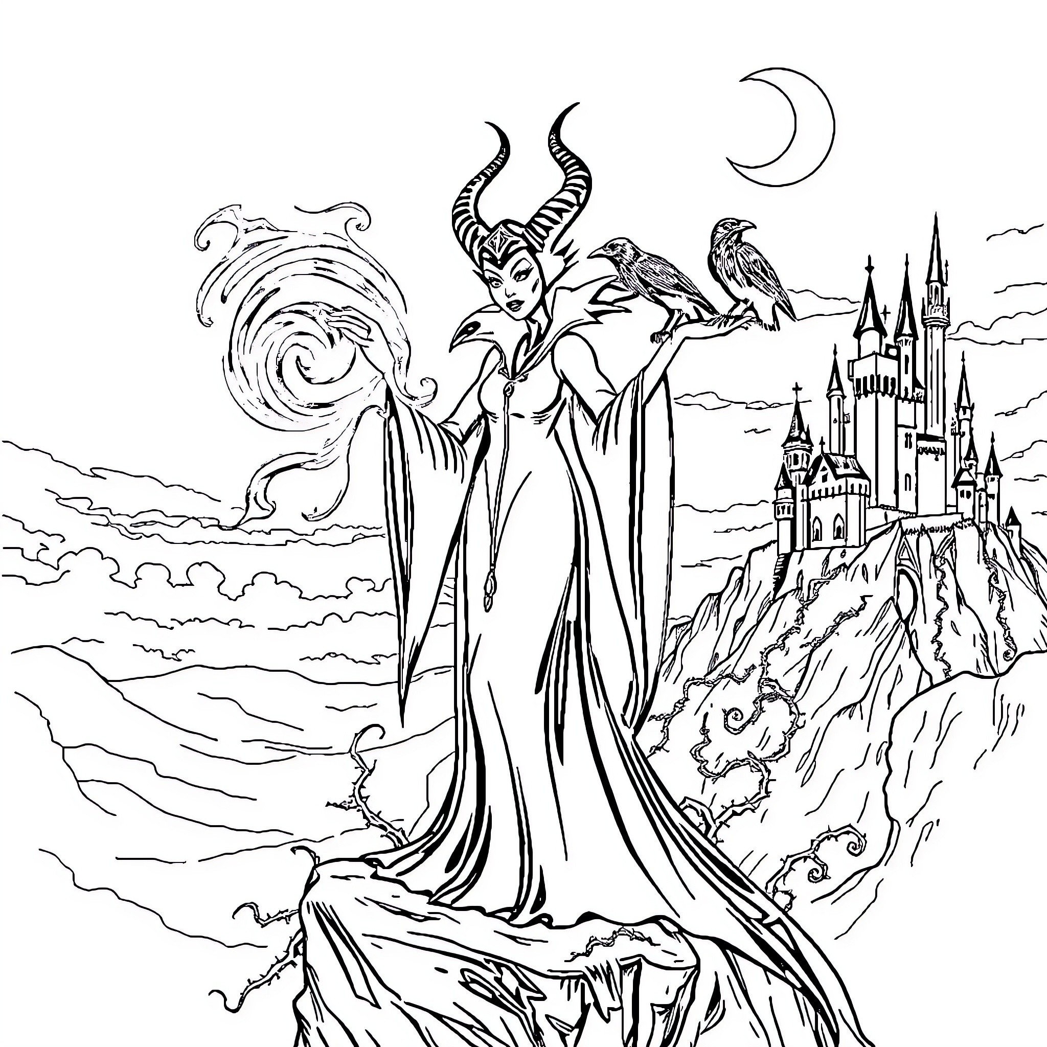 Maleficent's Enchanting Reign over the Magical Kingdom Coloring Page (free black-and-white line drawing printable PDF for all, from beginners to advanced learners, including children, teens, adults, and seniors)