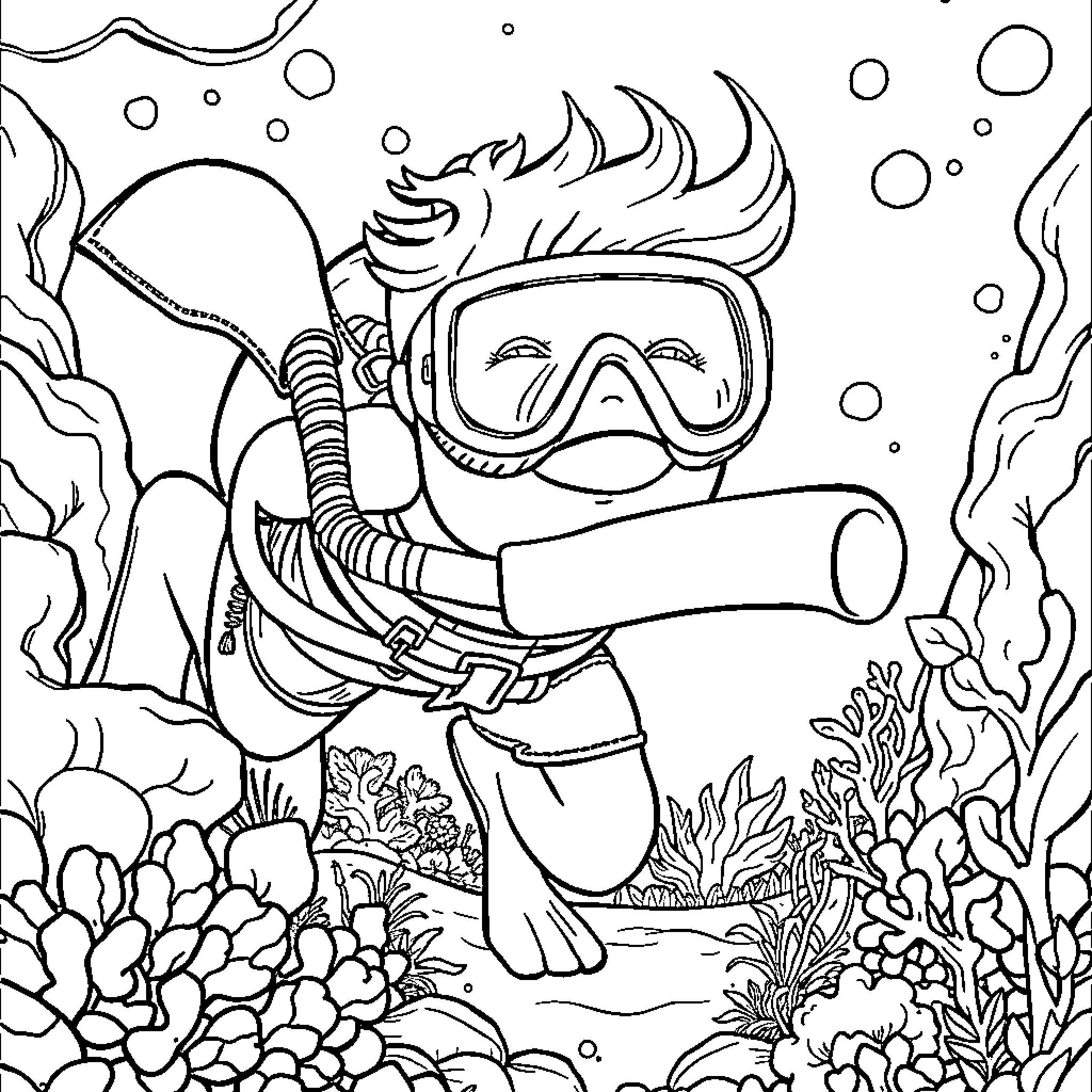 Buccaneer exploring the underwater reef Coloring Page (free black-and-white line drawing printable PDF for all, from beginners to advanced learners, including children, teens, adults, and seniors)
