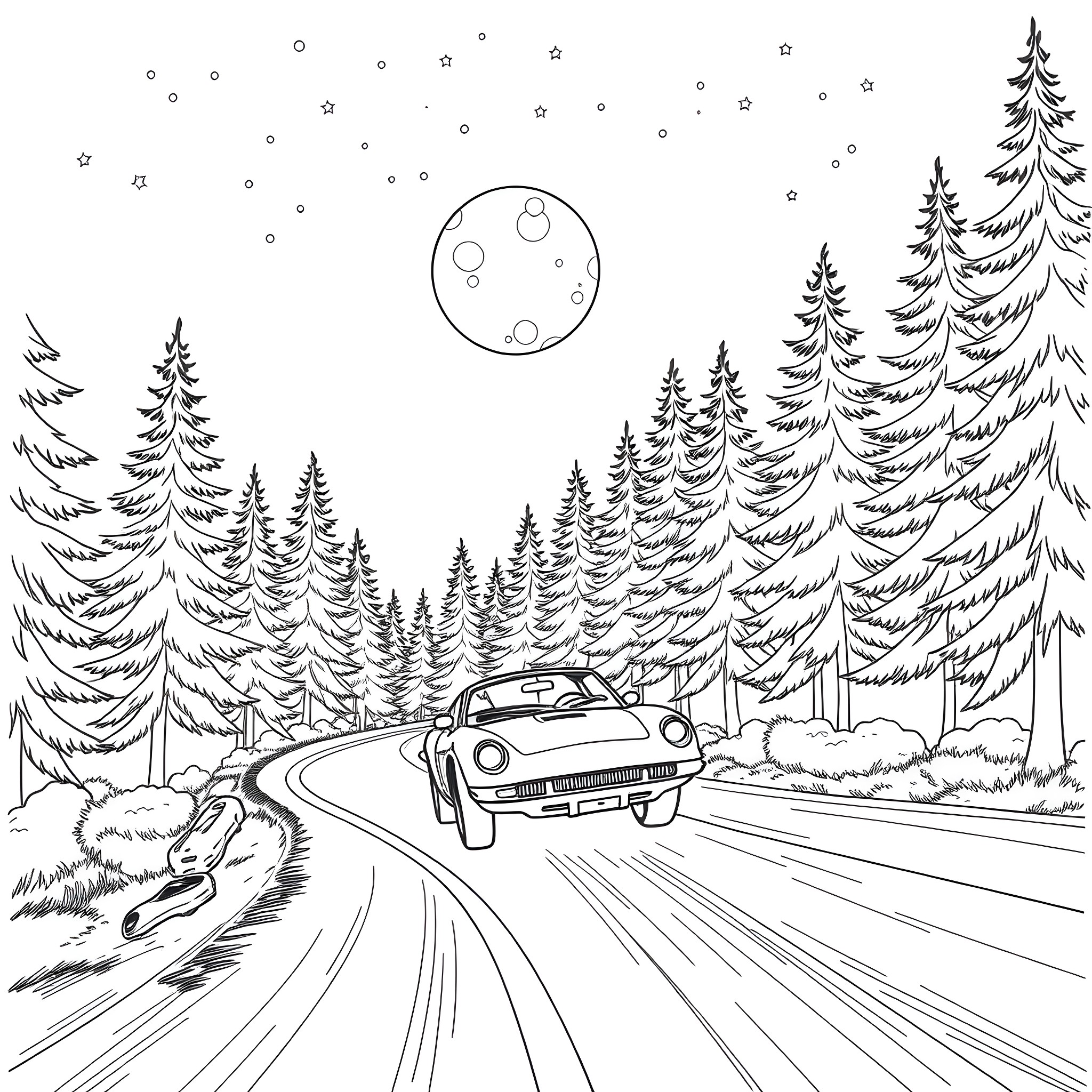 Ray McQueen races through the snowy forest Coloring Page (free black-and-white line drawing printable PDF for all, from beginners to advanced learners, including children, teens, adults, and seniors)