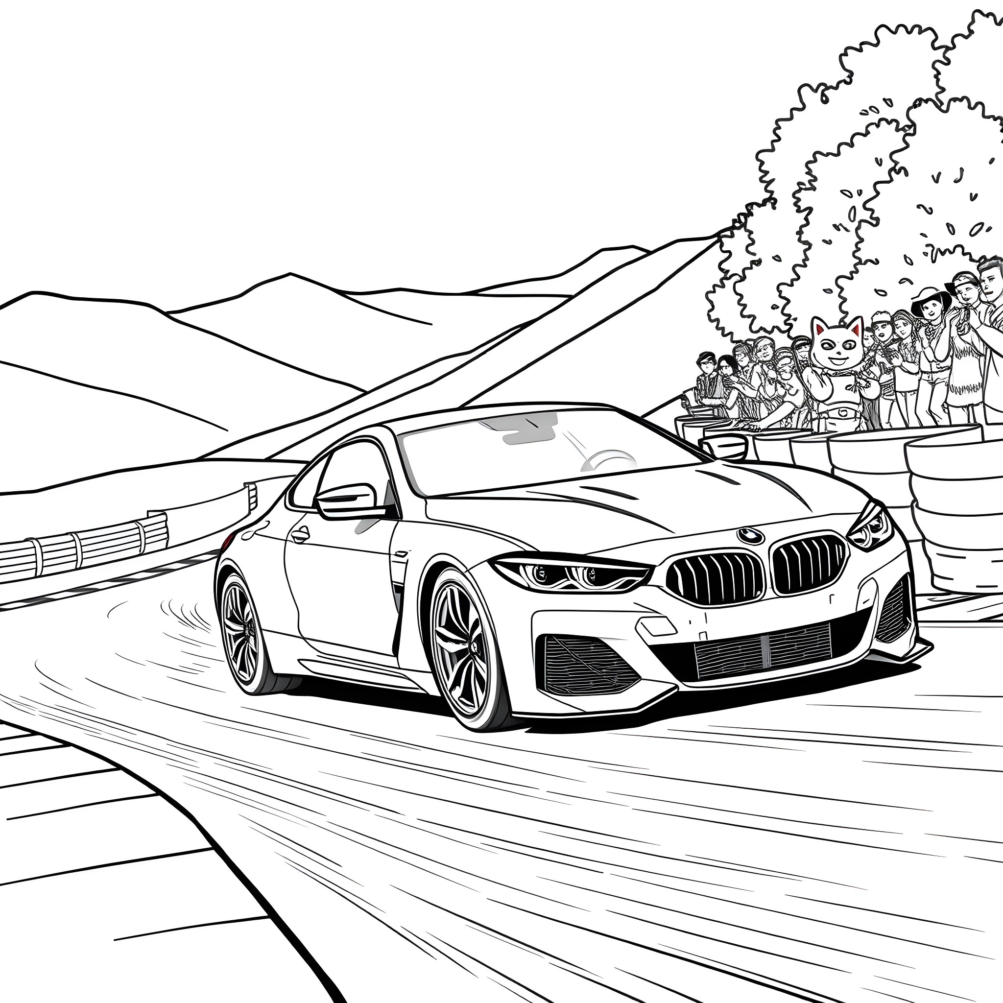 BMW F10 speeding on the racetrack with spectators Coloring Page (free black-and-white line drawing printable PDF for all, from beginners to advanced learners, including children, teens, adults, and seniors)