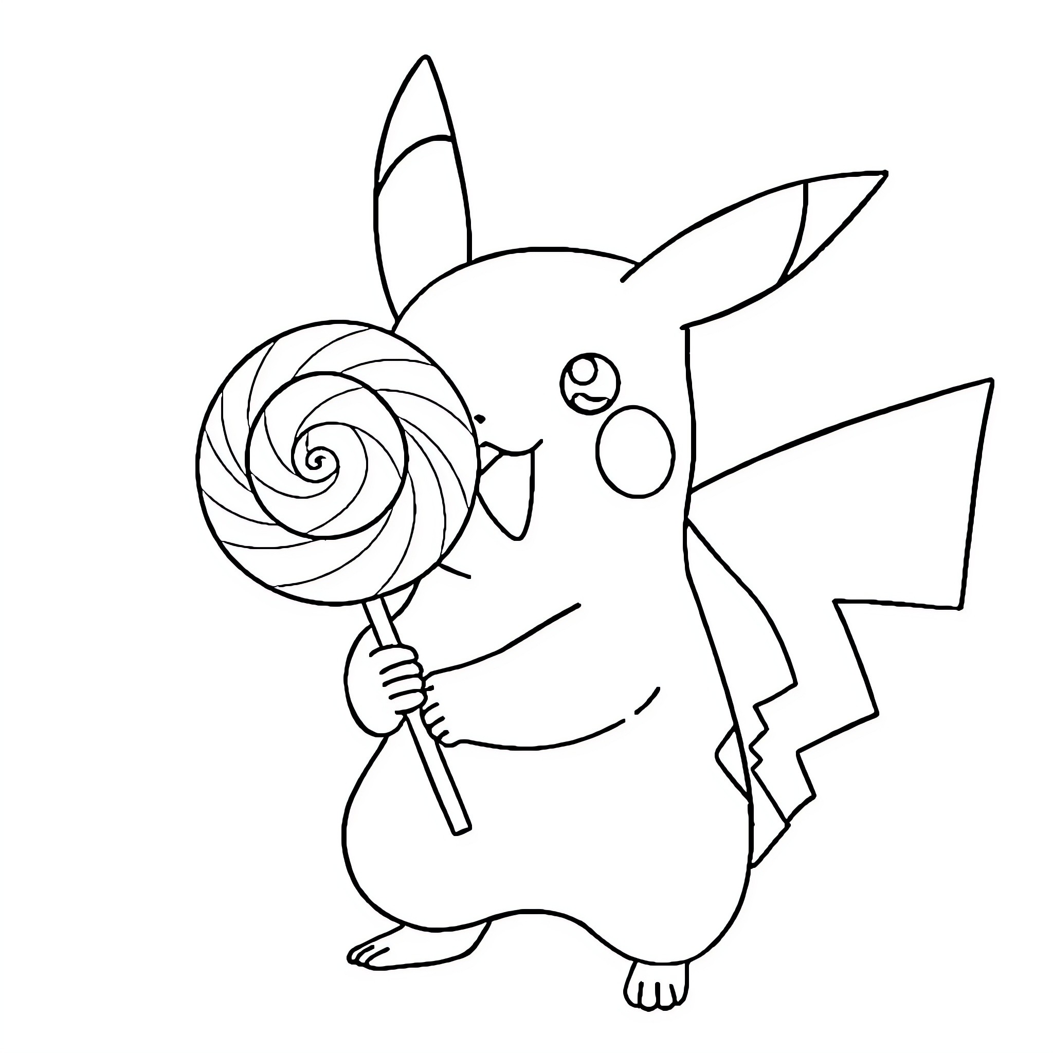 Pikachu enjoying a large lollipop Coloring Page (free black-and-white line drawing printable PDF for all, from beginners to advanced learners, including children, teens, adults, and seniors)