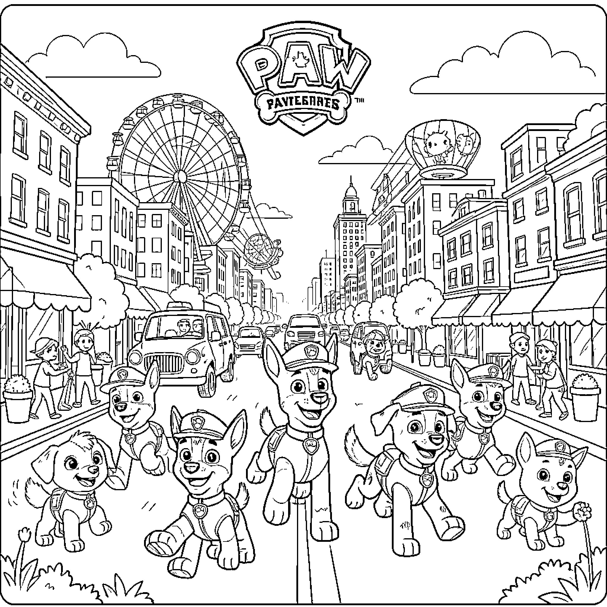 Paw Patrol pups running joyfully through a city street Coloring Page (free black-and-white line drawing printable PDF for all, from beginners to advanced learners, including children, teens, adults, and seniors)