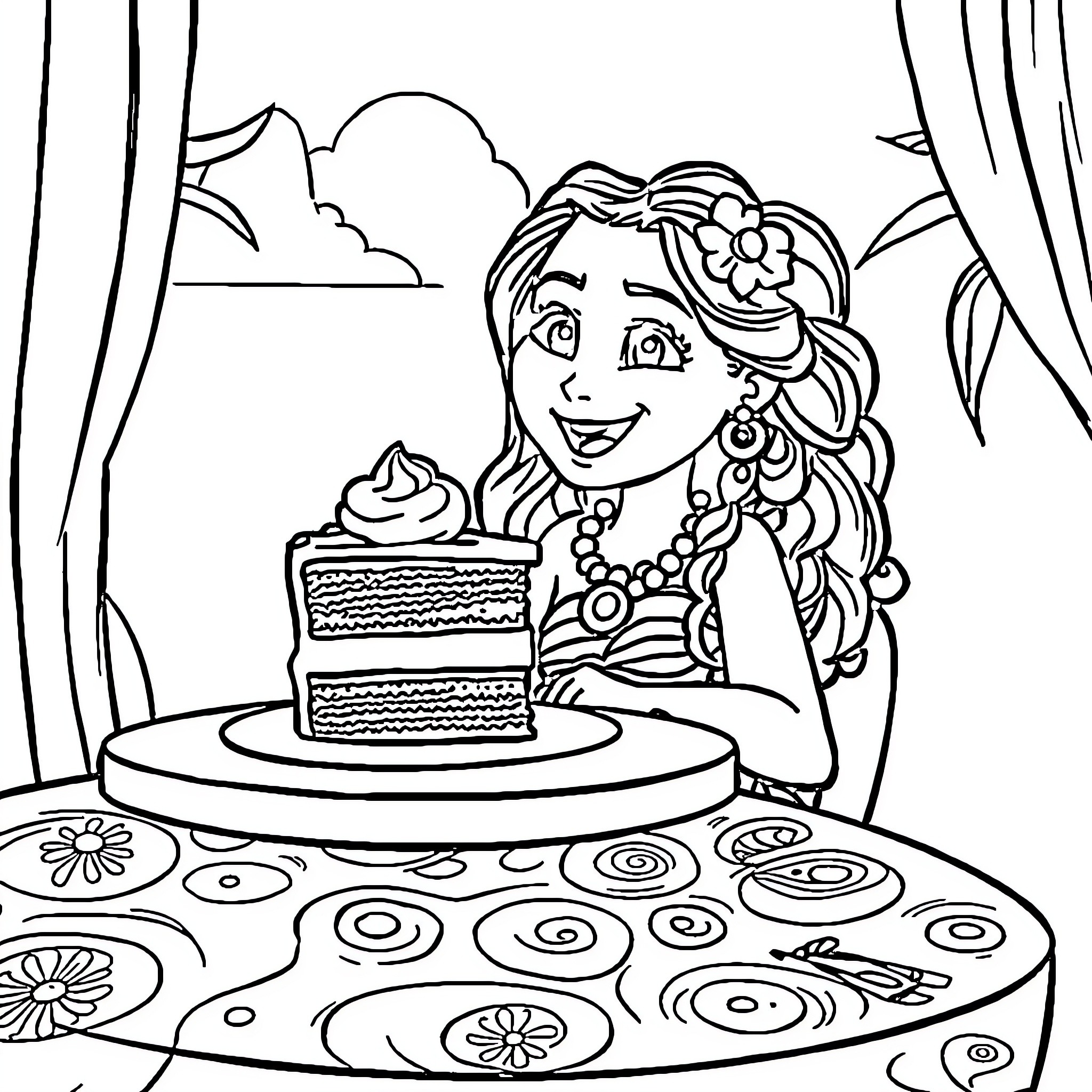 Moana enjoying a celebratory cake with joyful expression Coloring Page (free black-and-white line drawing printable PDF for all, from beginners to advanced learners, including children, teens, adults, and seniors)